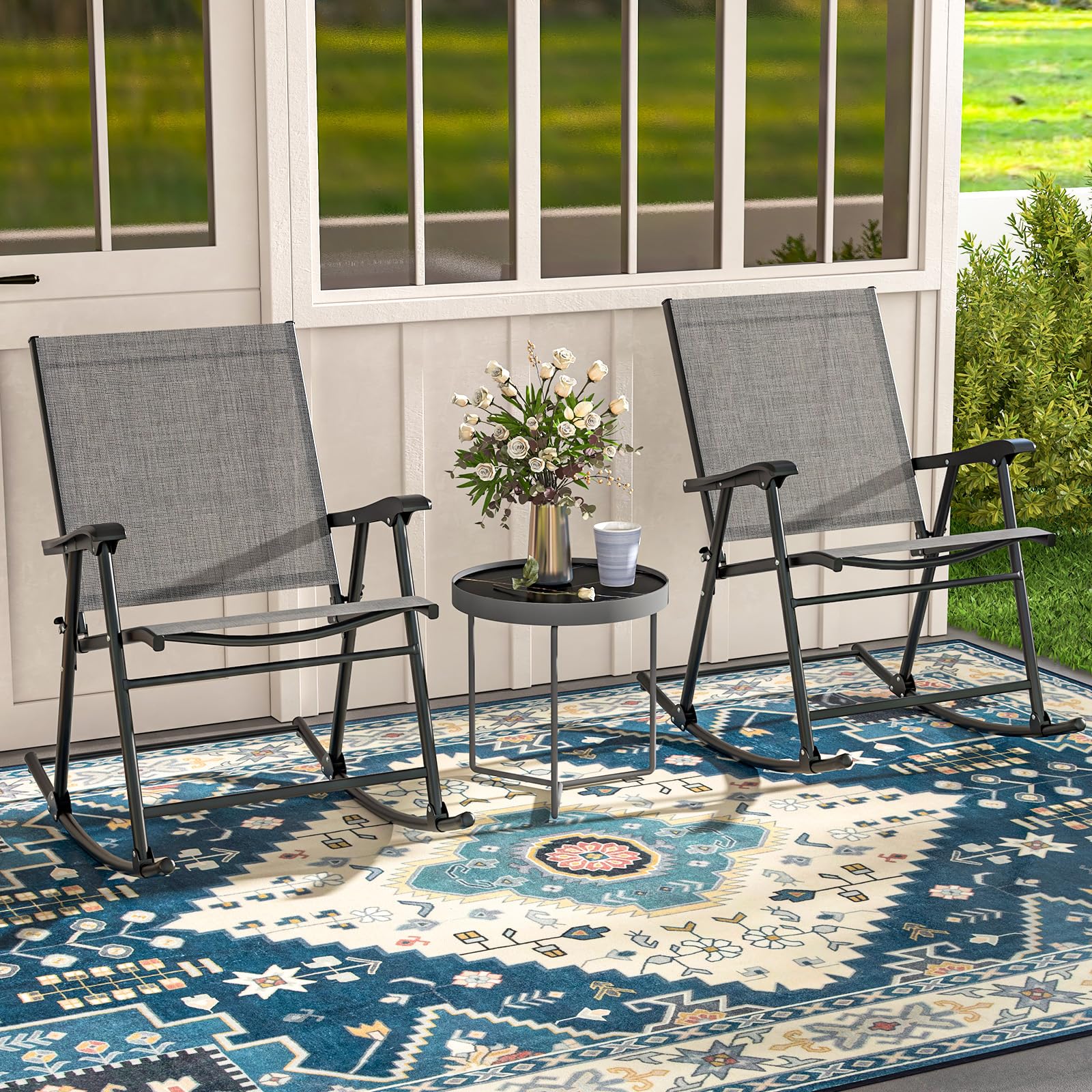 KOMFOTTEU Schaukelstühle klappbar, Gartenstühlen mit Armlehnen, Terrassenstühle Fußstütze, Balkonschaukel mit Traglast 150 kg, Klappstuhl für Terrasse, Strand