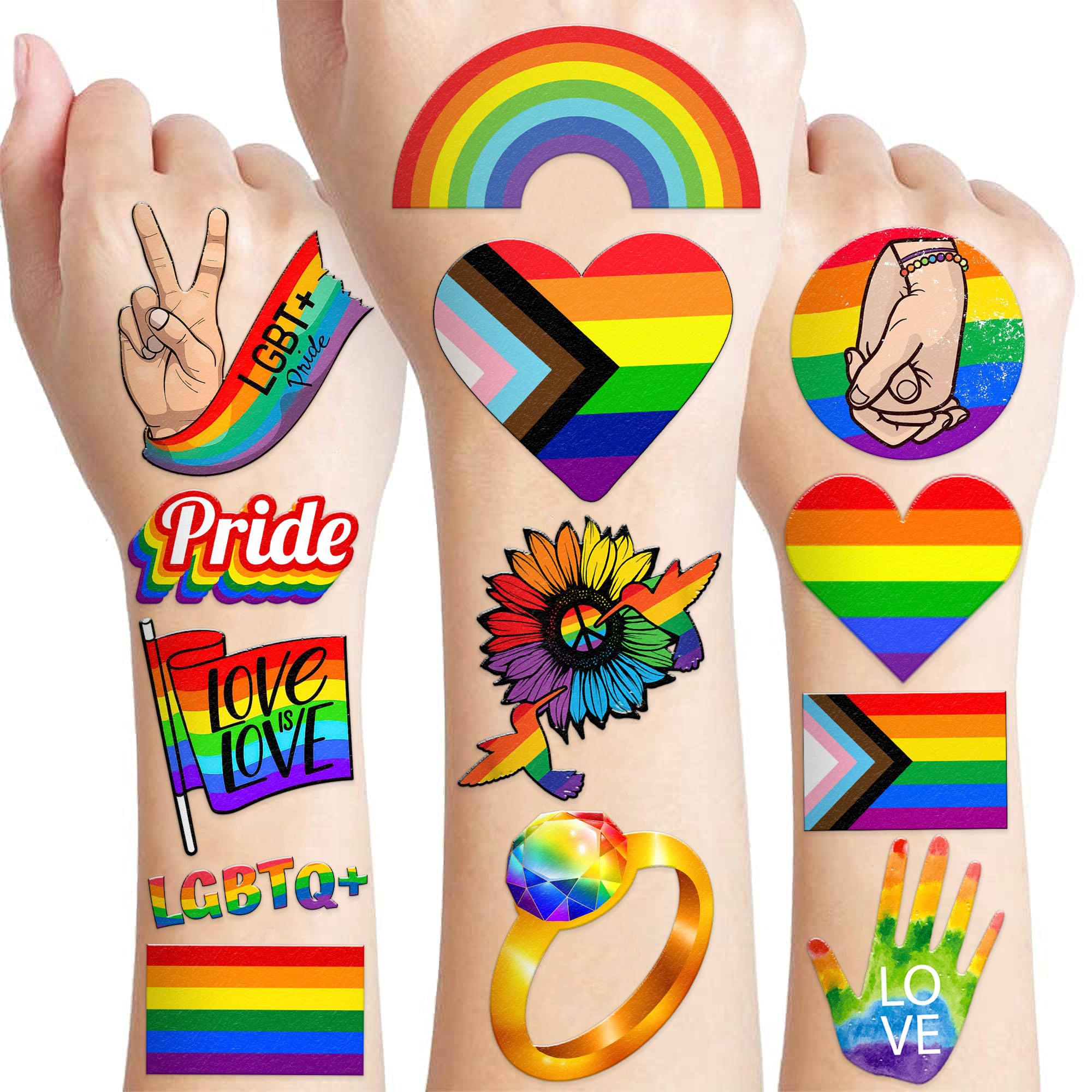 96 PCS LGBT Rainbow Flag Pride Pre-Cut Temporary Tattoos Sticker Pride Month Gay Birthday Party Decorations Favors Supplies Gifts Boys Girls Men Woman Cute Fake Tattoo School Reward Themed Festival