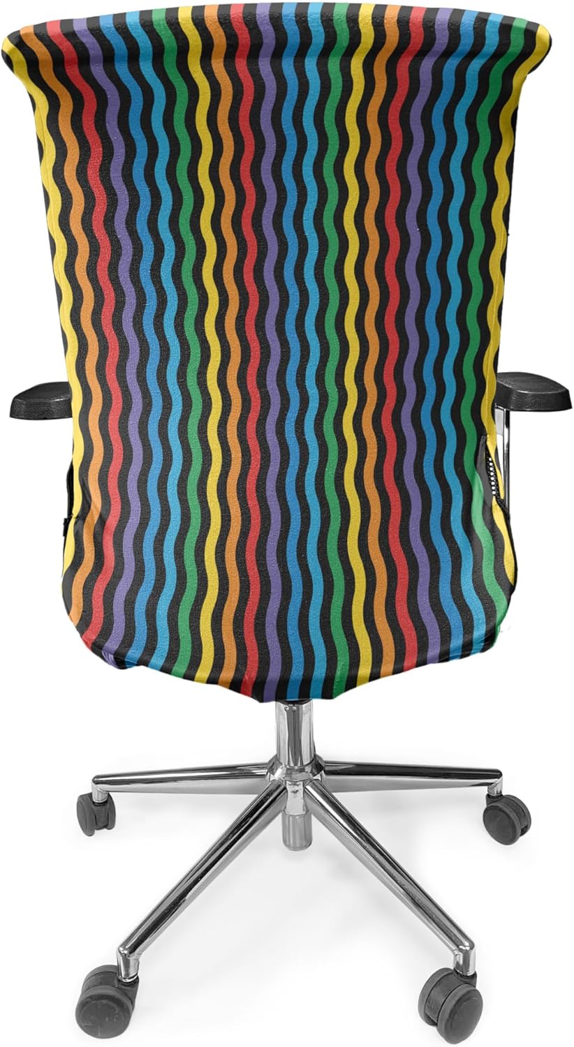 Ambesonne Purple and Yellow Office Chair Cover, Rainbow Like Colorful Optical Illusory Vertical Repetitive Wavy Stripes, Stretchable Decorative Universal Size High Back Printed Slipcover, Blue Black