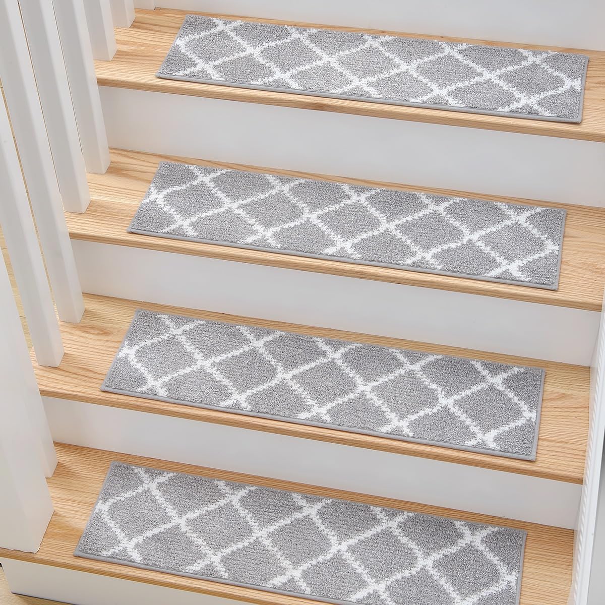 MBIGM 8" x 30" Carpet Stair Treads for Wooden Steps (15 in Pack) - Non-Slip Safety Rug with Soft Plush Comfort - Skid Resistant Indoor Runner for Kids, Elders, and Pets - Light Gray/White