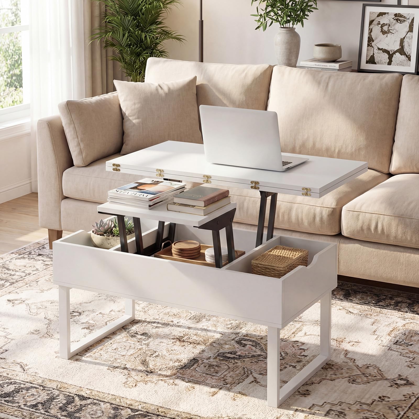 COSTWAY Mesa de Centro Elevable 3 en 1, Mesa Central Convertible con 3 Compartimentos Ocultos, Mueble de Comedor, Mesas de Cóctel de Madera para Salon, Oficina, 100 x 50 cm (Blanco)