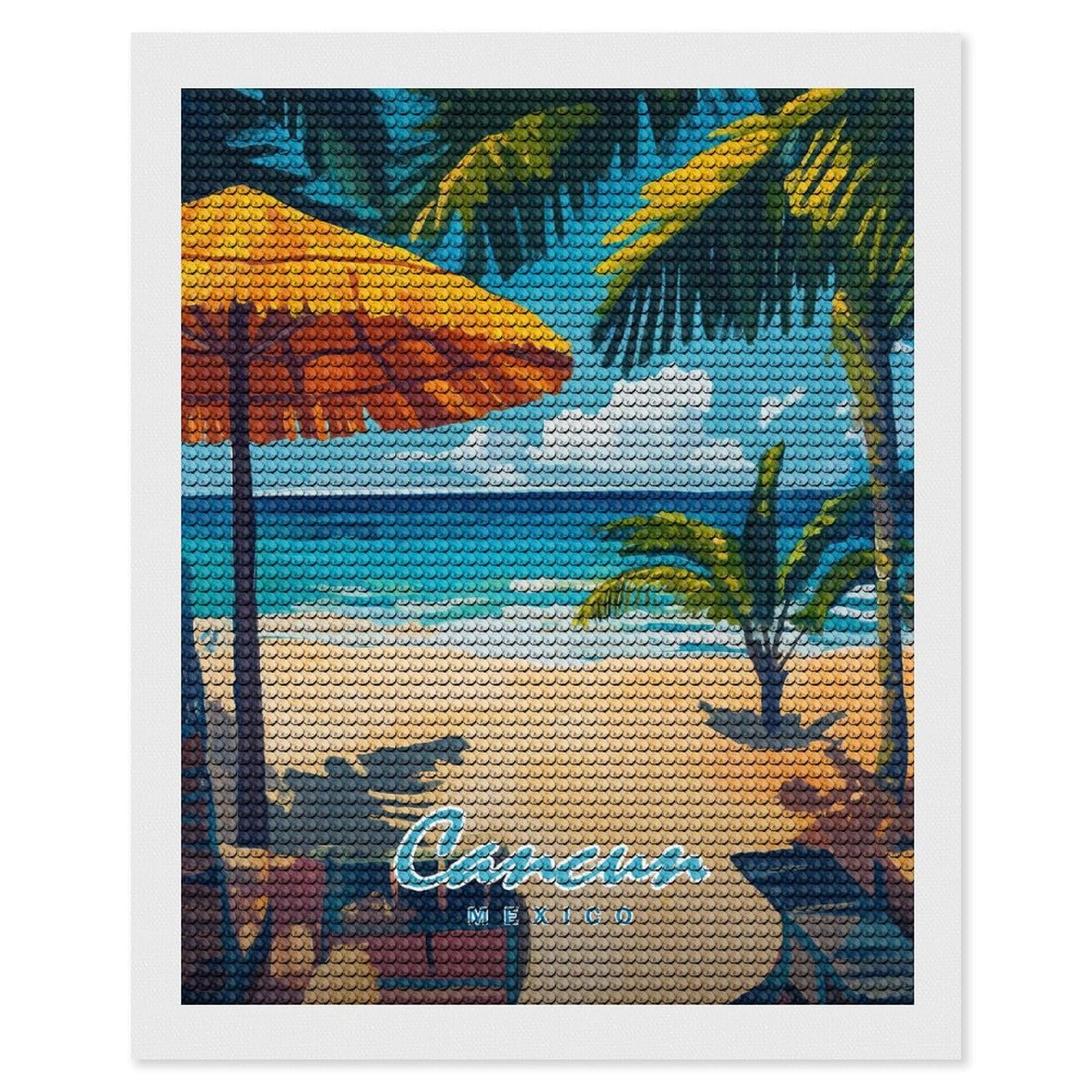 Junmoney Cancun Beach Scene DIY Diamond Art Canvas Kit 16"x20", Complete Accessories, Creative Leisure Activity, Home Wall Decor, Gift Idea