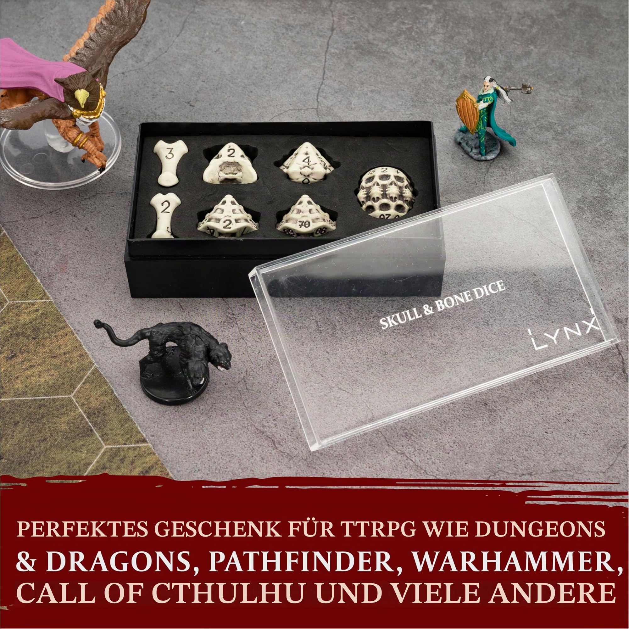 DND Würfel Set - Dice Set mit 7 Skull & Bone/Schädel & Knochen D&D Würfel - D20, D12,%D10, D10, D8, D6 & D4 Seitig für Dungeons & Dragons (D&D), Warhammer, Pathfinder, Pen and Paper Geschenk. (Weiß)