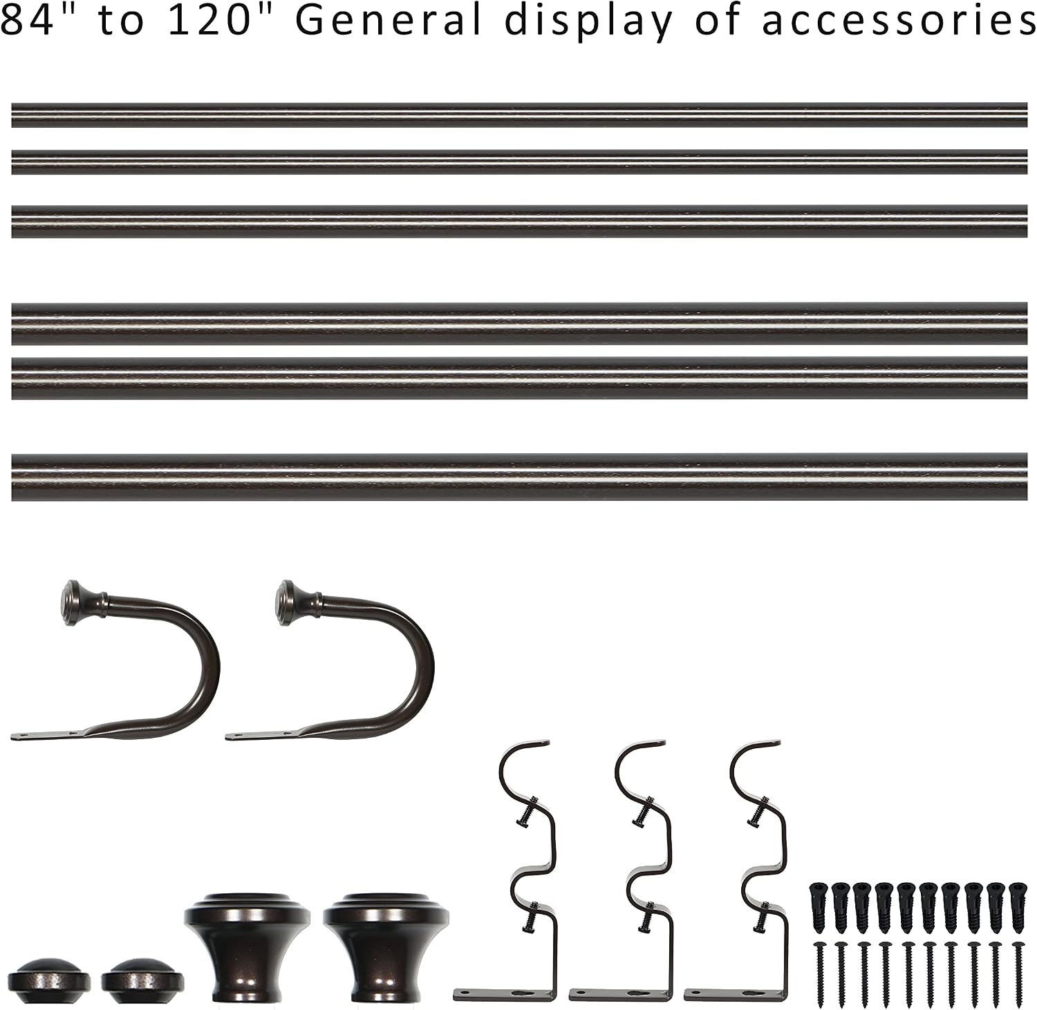 1" Double Curtain Rod with Trumpet Finials (Oil-Rubbed Bronze（+holdbacks）, 84''-120'')