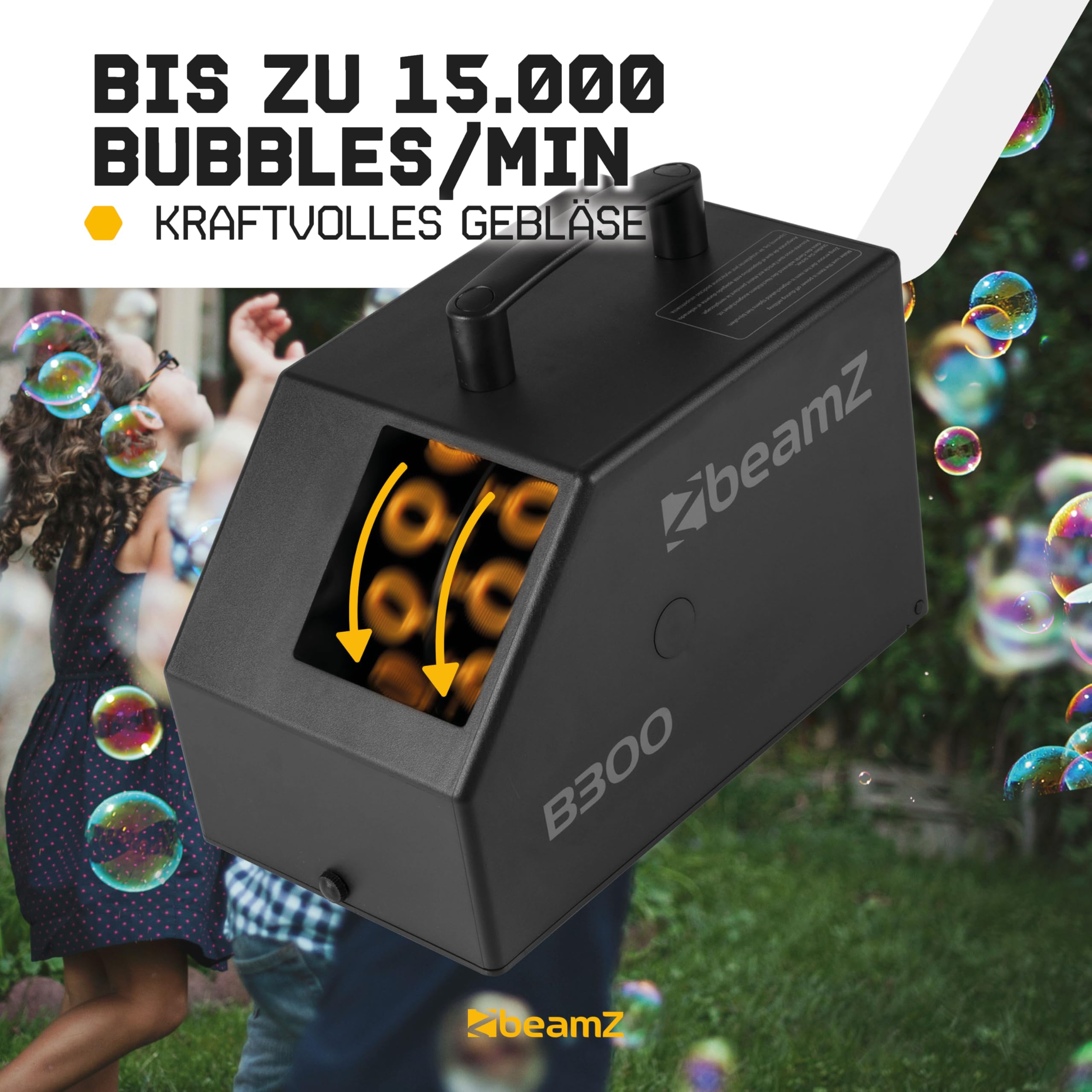 BeamZ B300 Seifenblasenmaschine mit 5L Flüssigkeit, Fernbedienung, 25 Watt, Luftblasenmaschine, Bubble Machine, 10.000 Bubbles pro Minute, Seifenblasen Hochzeit - Schwarz