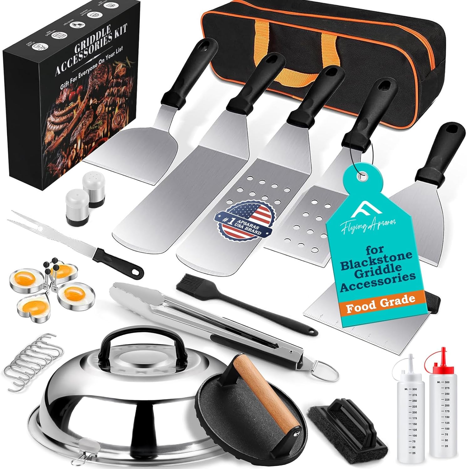 APSARAS USA 27pcs Griddle Accessories Kit for Blackstone, Grilling Accessories,Hibachi Enlarged Spatula Gift Set with Basting Cover,Flat Top Grill Accessories, Burger Press Patty Maker,Storage Bag