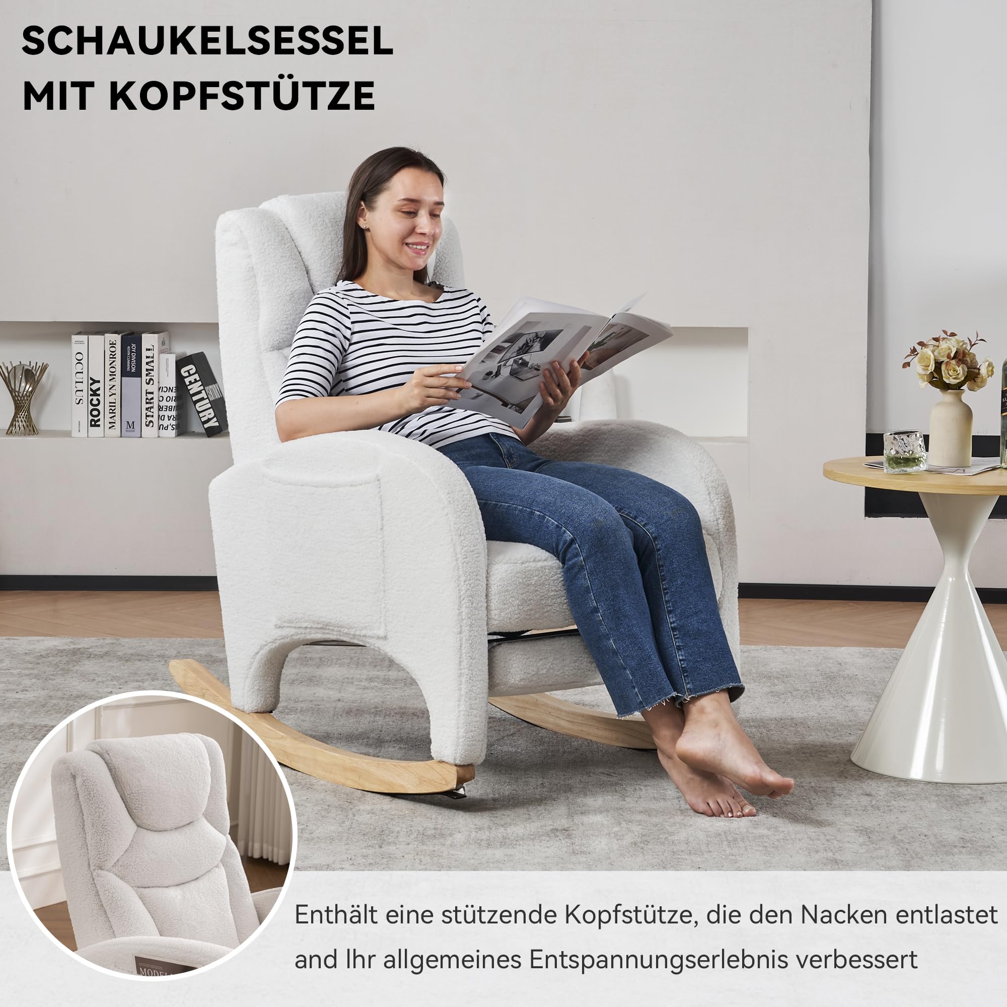 DEKKETO Teddy Schaukelstuhl mit Kopfstütze und Fußstütze, Schaukelsessel mit Hocker, Großer Stillstuhl mit Seitentasche, Relax Stillsessel Wohnzimmer, Weiß