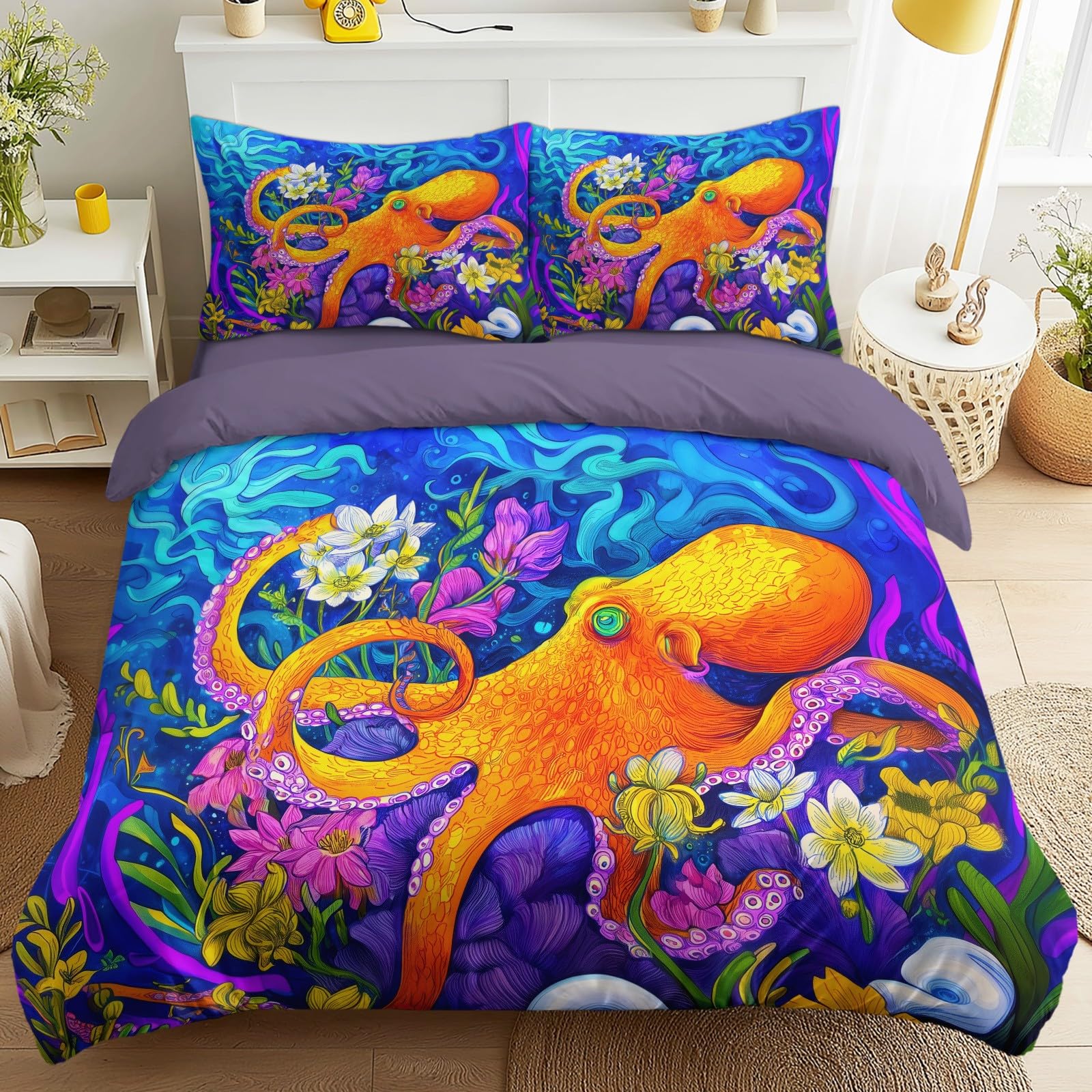 Générique Poszwa na kołdrę 260 x 240 cm, fantazyjny ocean, komplet pościeli 2-osobowej, prześcieradło z gumką, ośmiornica kwiaty rośliny 4-częściowy zestaw pościeli z 2 poszewkami na poduszki