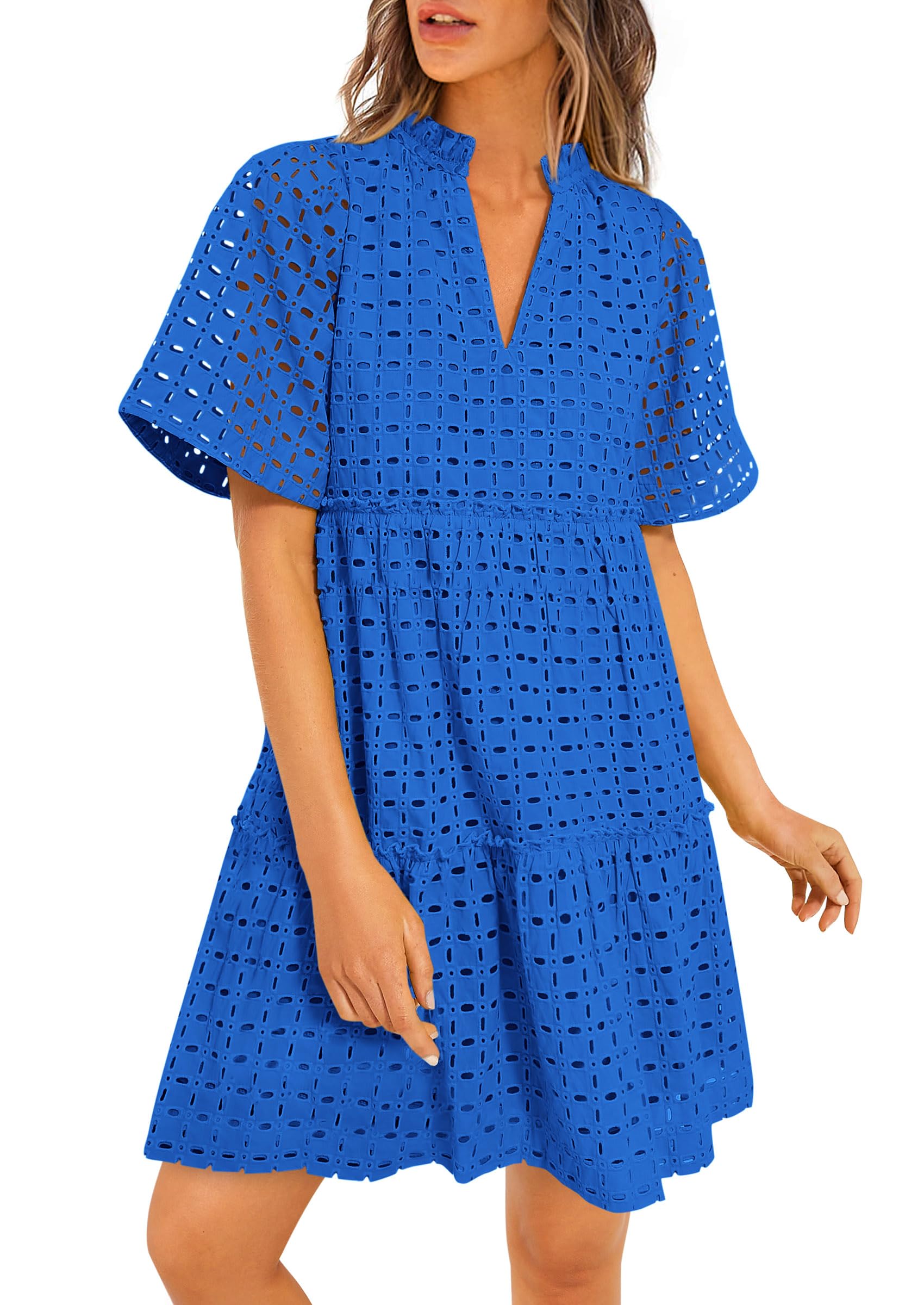 PRETTYGARDEN Eyelet Dresses for Women 2025 Summer Short Sleeve V Neck Hollow Out Ruffle A Line Boho Beach Vacation Mini Dress