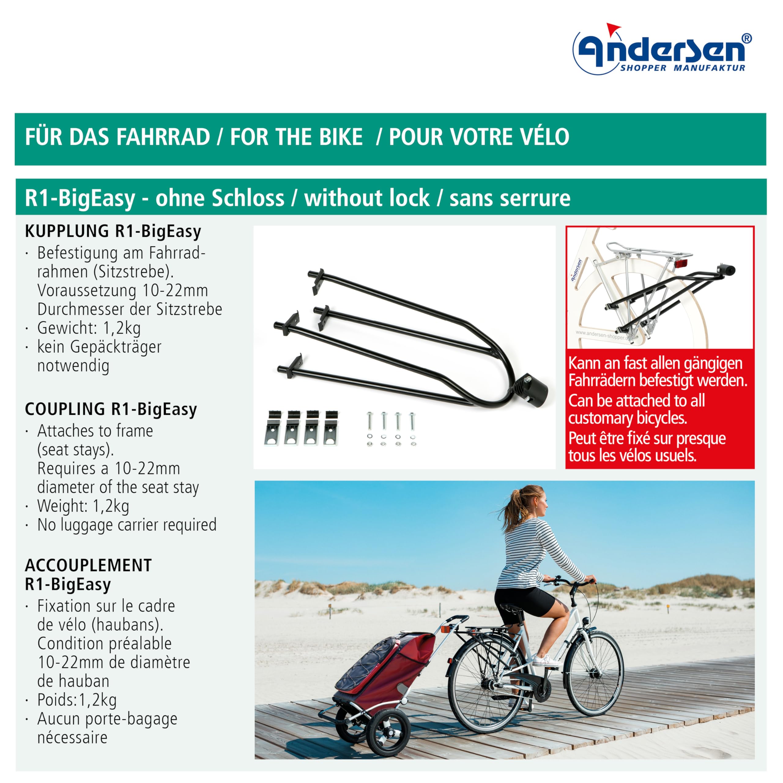 ANDERSEN Einkaufstrolley Fahrradmontage-Set: Anhängerkupplung R1-BigEasy für Fahrradrahmen und Kupplungsstift SH-1 Baumarkt