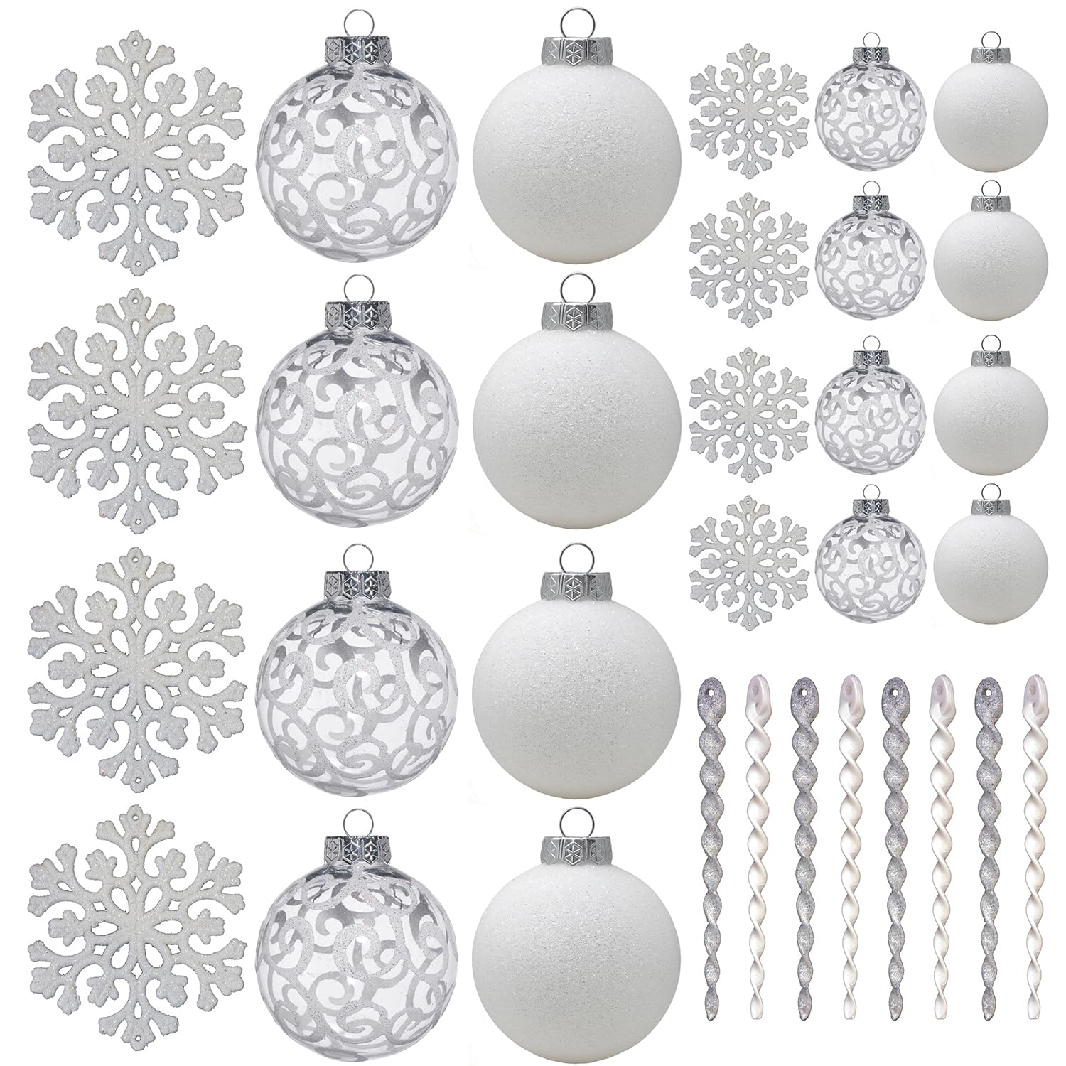 SLEETLY 32pk Christmas Baubles for Tree Holiday Xmas Decorations, Shatterproof Plastic 60mm and 80mm Inch Glitter Bauble Ornaments, Icicles and Snowflakes Set, White