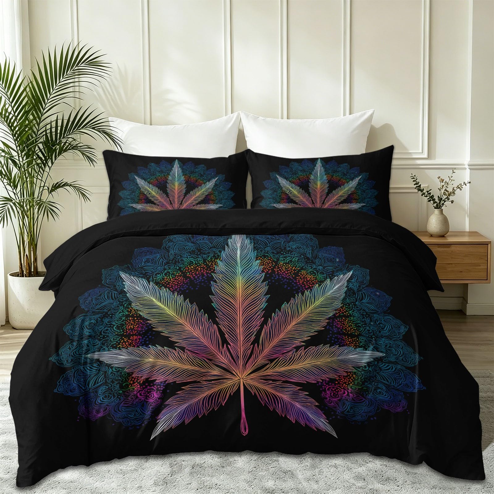 Biancheria da letto simmetrica con pianta di canapa e mandala, colore nero, stile psichedelico streetwear, in morbida microfibra, 155 x 220 cm, con 2 federe da 80 x 80 cm, per bambini, ragazze e