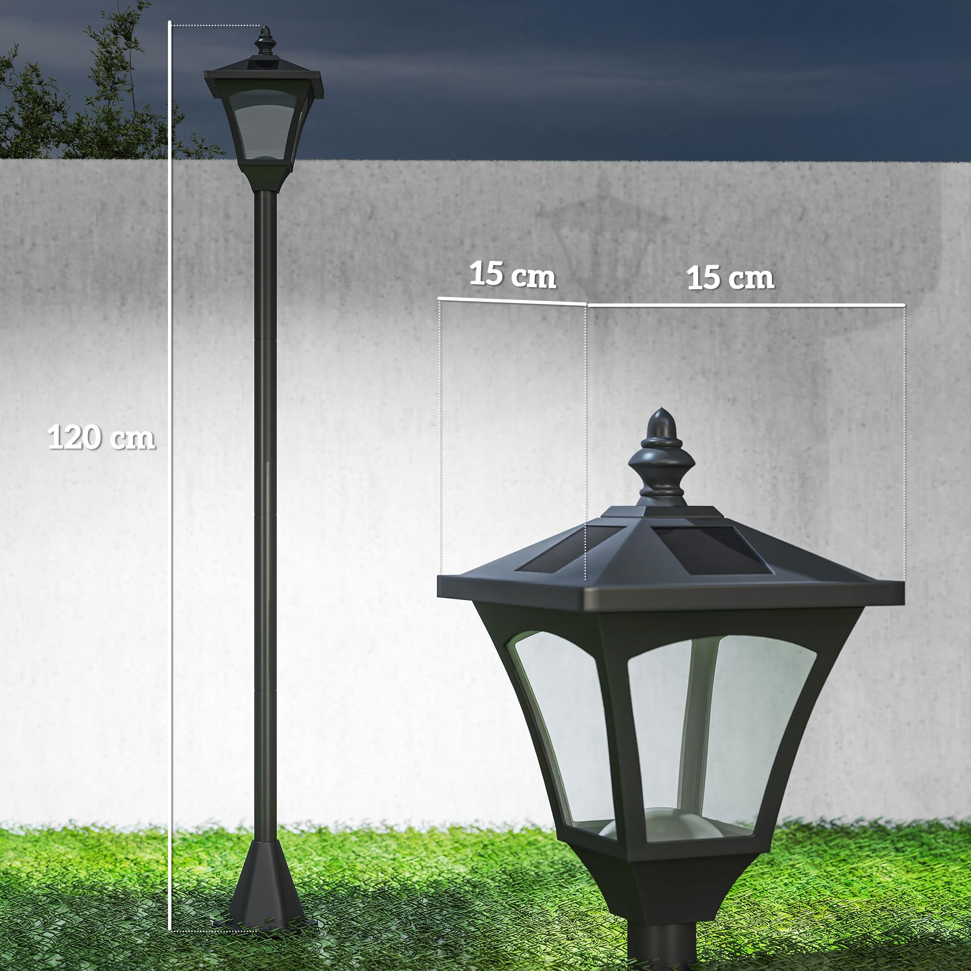 Outsunny LED Solar Gartenlaterne, Gartenlampe aus Kunststoff 120 cm hoch Stehleuchte IP44, Gartenlampe mit 30 Lumen Lichtsensor Solarlampe mit Erdspieß, Windlicht für Garten Balkon Schwarz