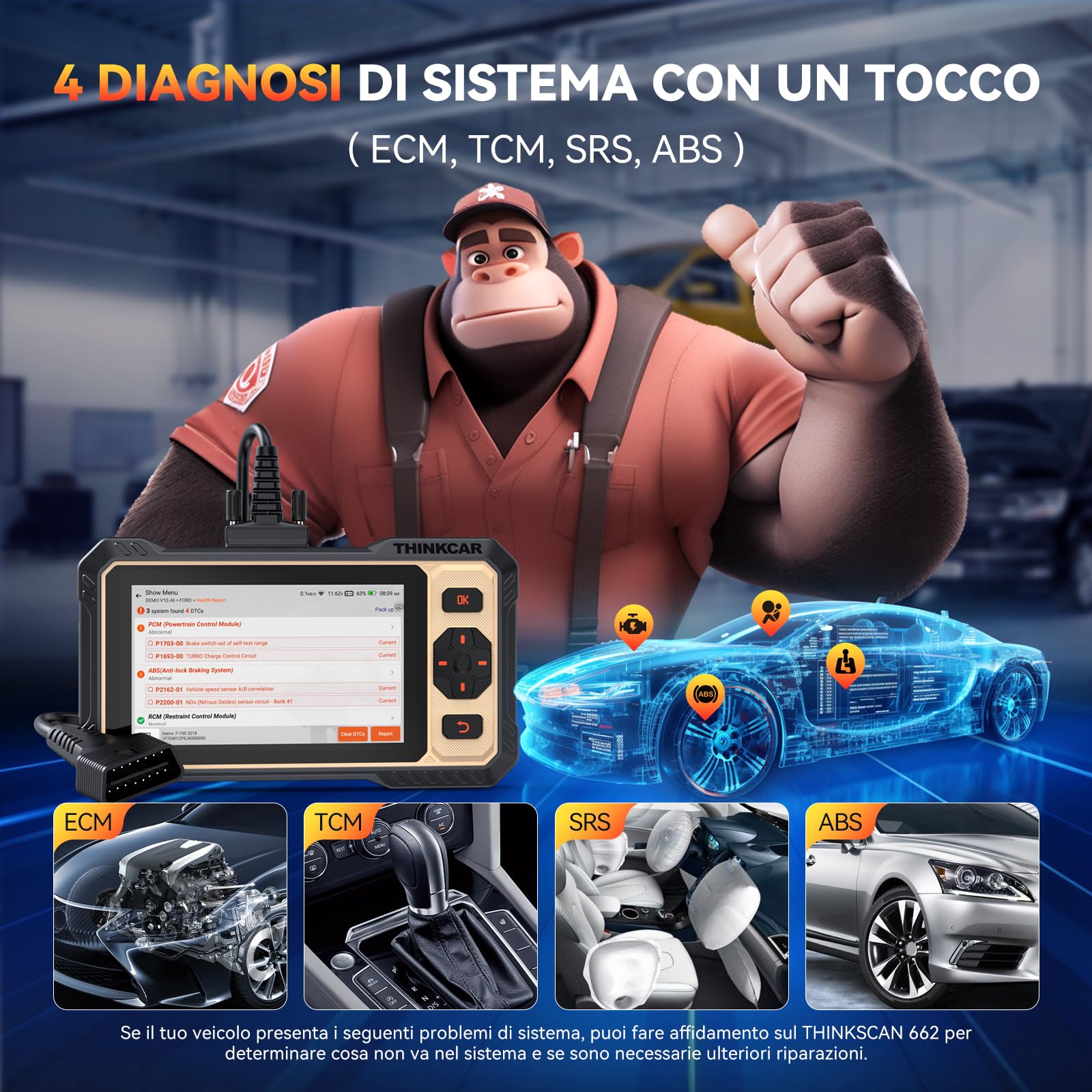 OBD2 Auto Diagnostica, ThinkScan 662 Scanner Diagnostico per Auto con 12 Funzioni di Reset + Diagnosi di 4 Sistemi (ECM/TCM/SRS/ABS), Strumento per Test Attivi, Protocollo CANFD, Aggiornamenti a Vita