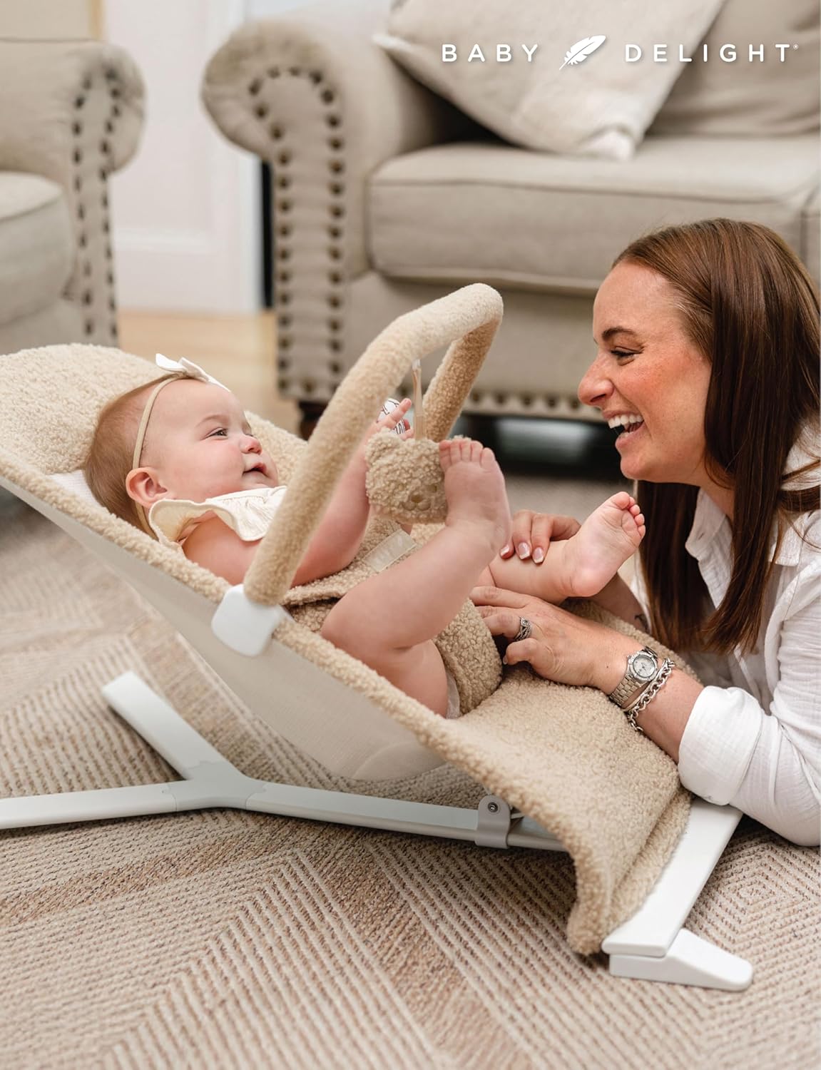 Baby Delight Alpine Deluxe Portable Bouncer | Infant | 0 – 6 Months | Tan Sherpa Sherpa Tan Sherpa