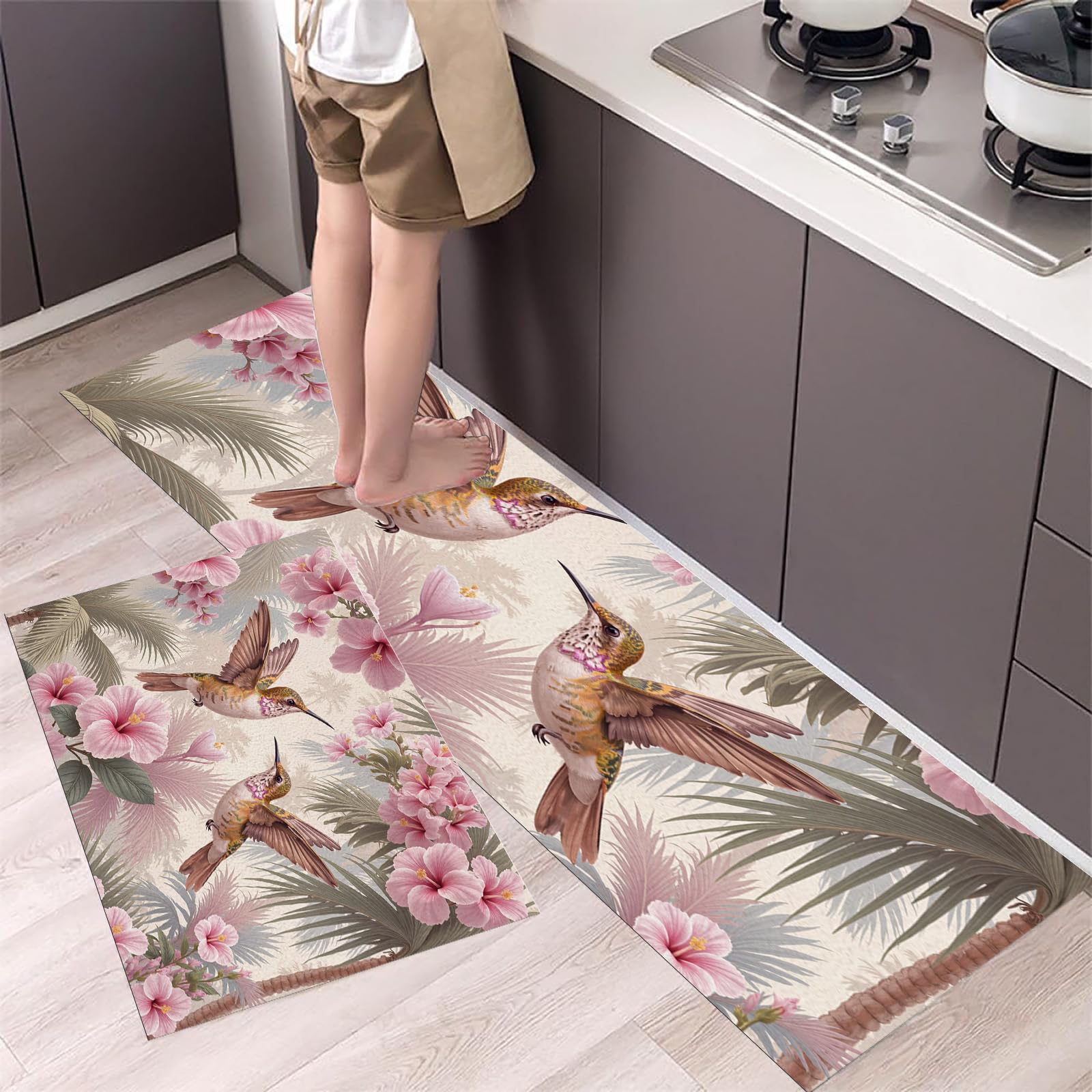 Alfombras de cocina lavables y antideslizantes con diseño de colibrí rosa, juego de 2 piezas