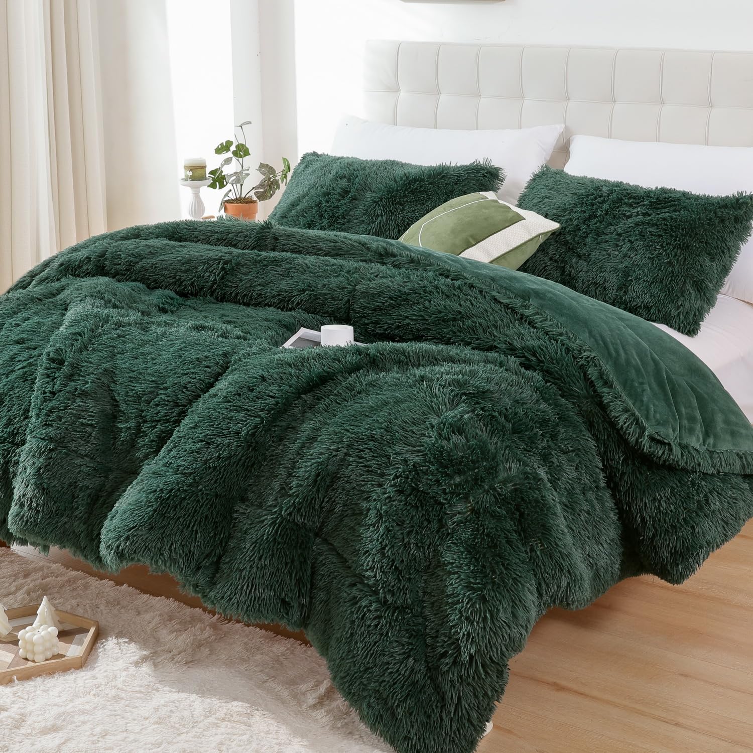 Smoofy Faux Fur Emerald Green Comforter Set Queen Size 3Pcs Fluffy Fuzzy Plush Comforter Set Cute Soft Shaggy Velvet Double-Sided Bedding Set (1 Faux Fur Comforter + 2 Faux Fur Pillowcases)