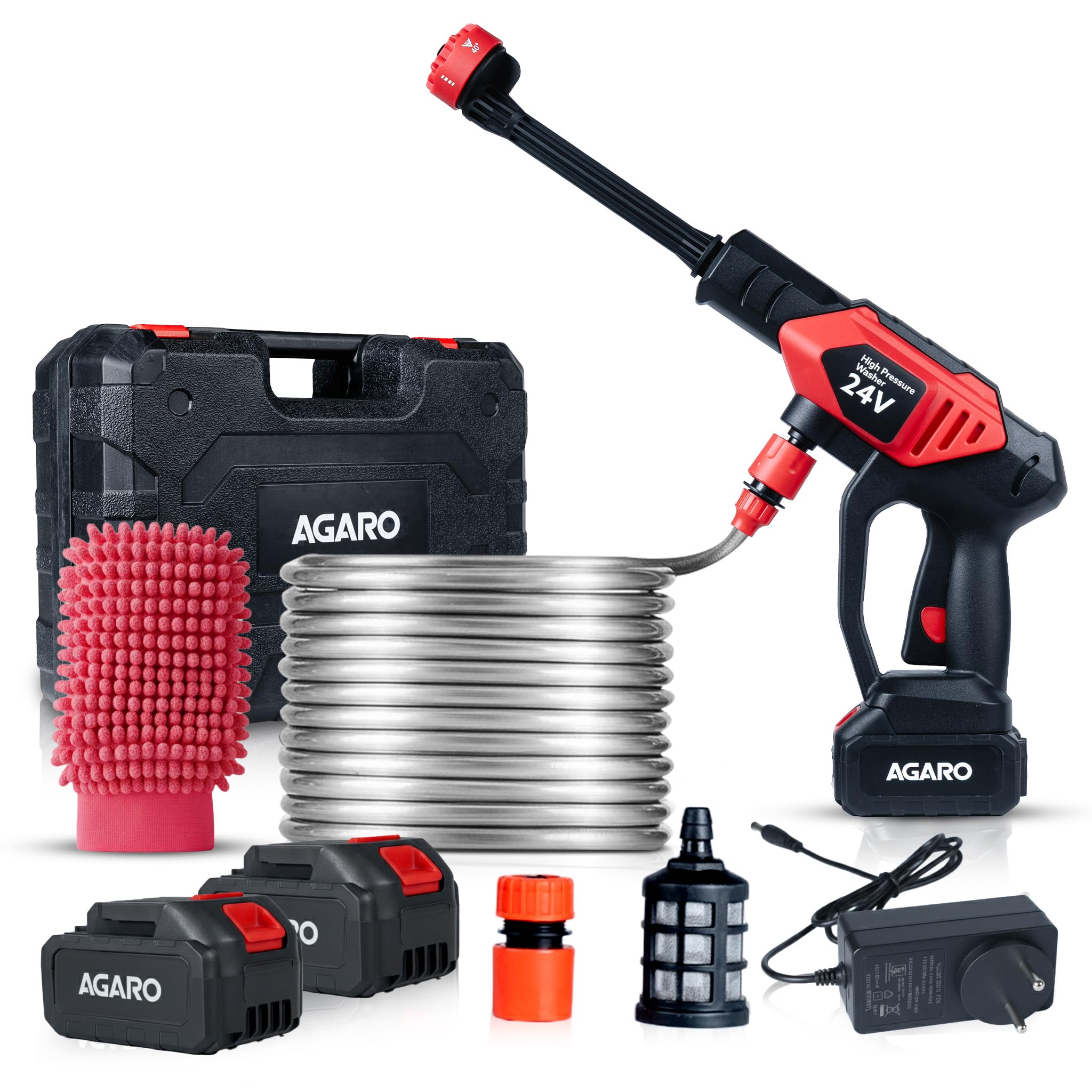 AGARO Marvel Cordless High Pressure Washer Gun | 24V Rechargeable Battery (2 x 1500mAh) | 110–240V | 10 Bar | 6-in-1 Adjustable Nozzle | 5M Hose Pipe | Car & Bike Wash | Premium Build with Cloth