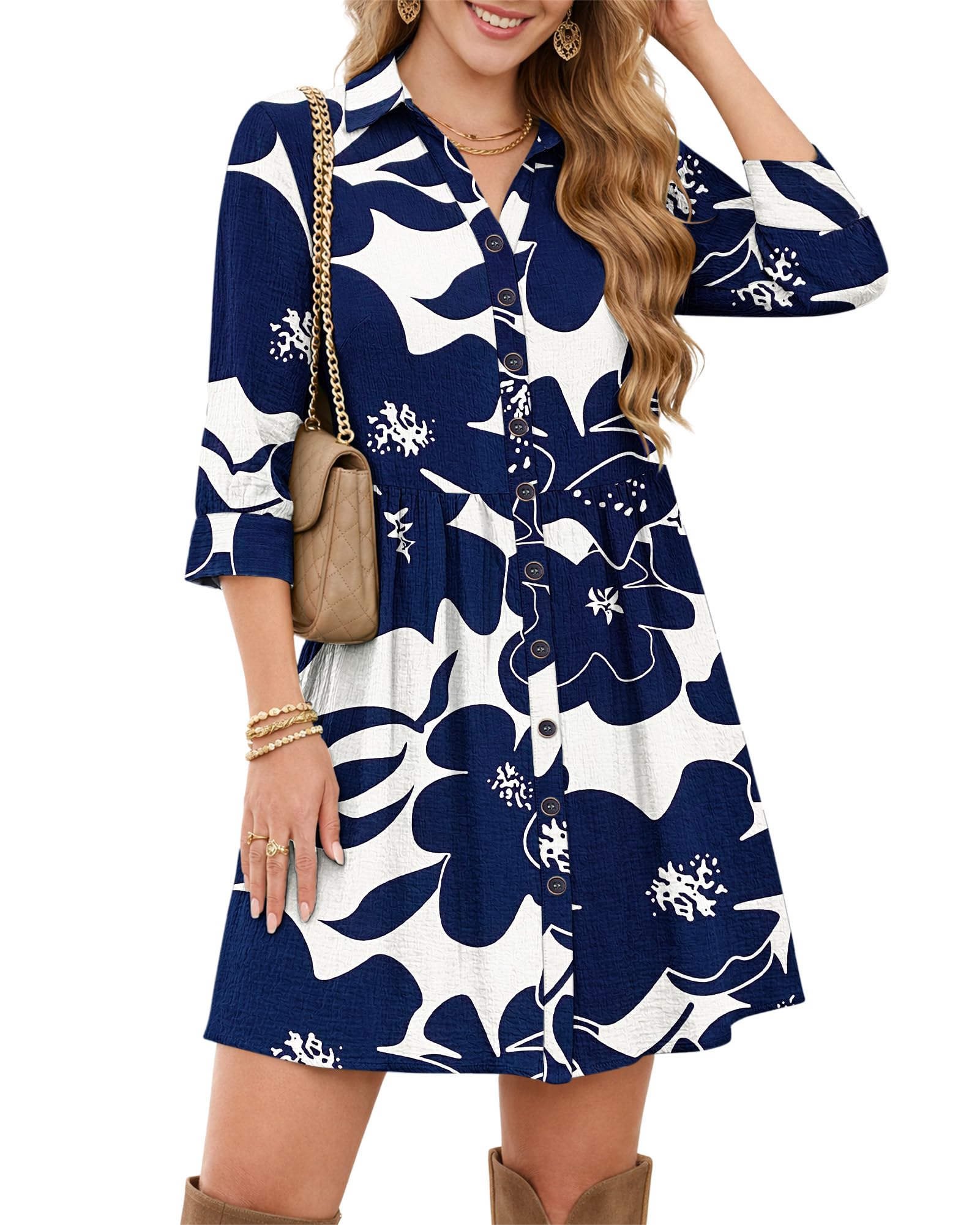 WNEEDU Kleid Damen Sommer 3/4 ärmel Blusenkleid A Linien Sommerkleid Kurz Elegant V-Ausschnitt Strandkleid Minikleid mit Taschen