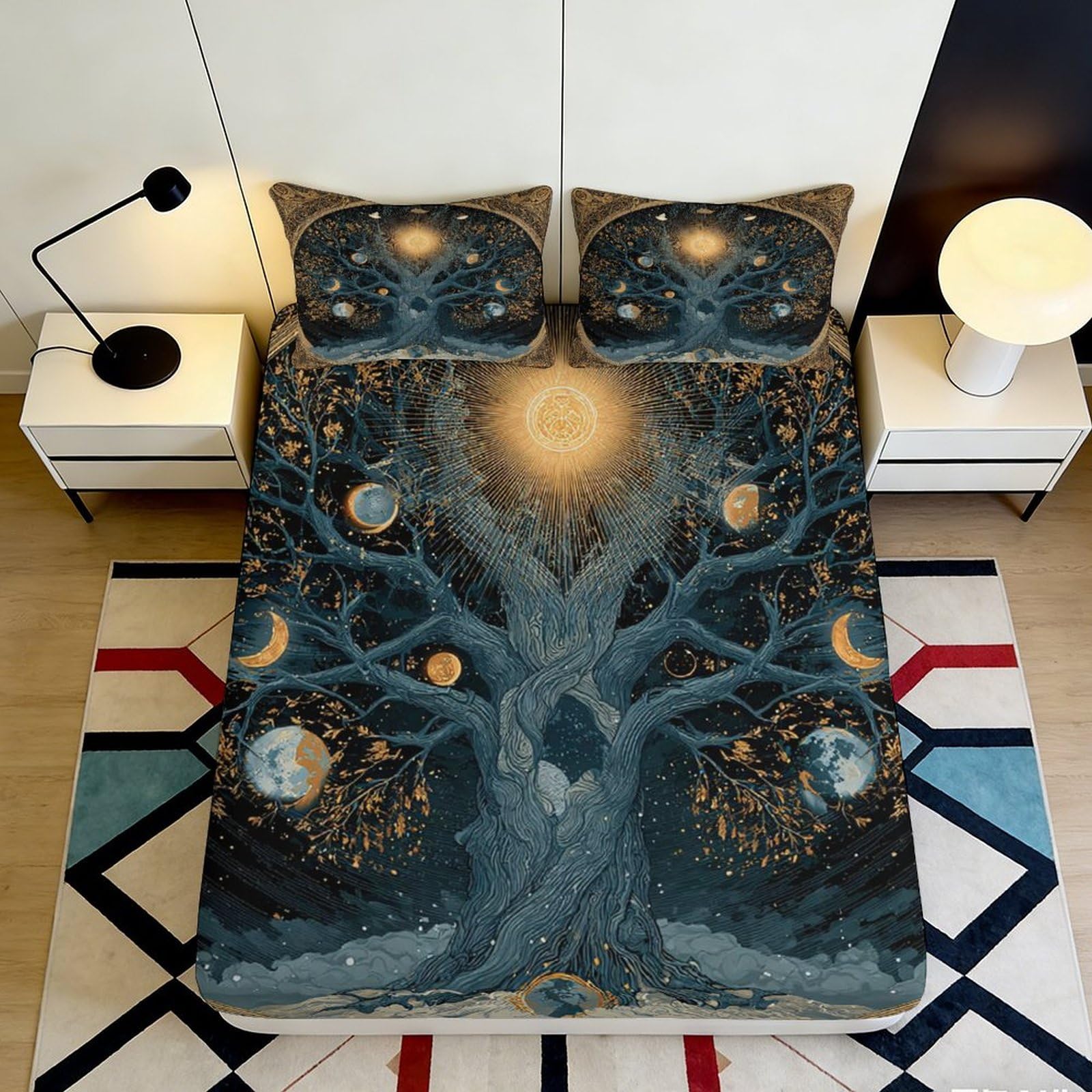 3D Printed Mystic Tree Fitted Sheet Microfiber Celestial Universe Mattress Cover Anti-Slip Washable for Bedroom Decor 90x200x25cm