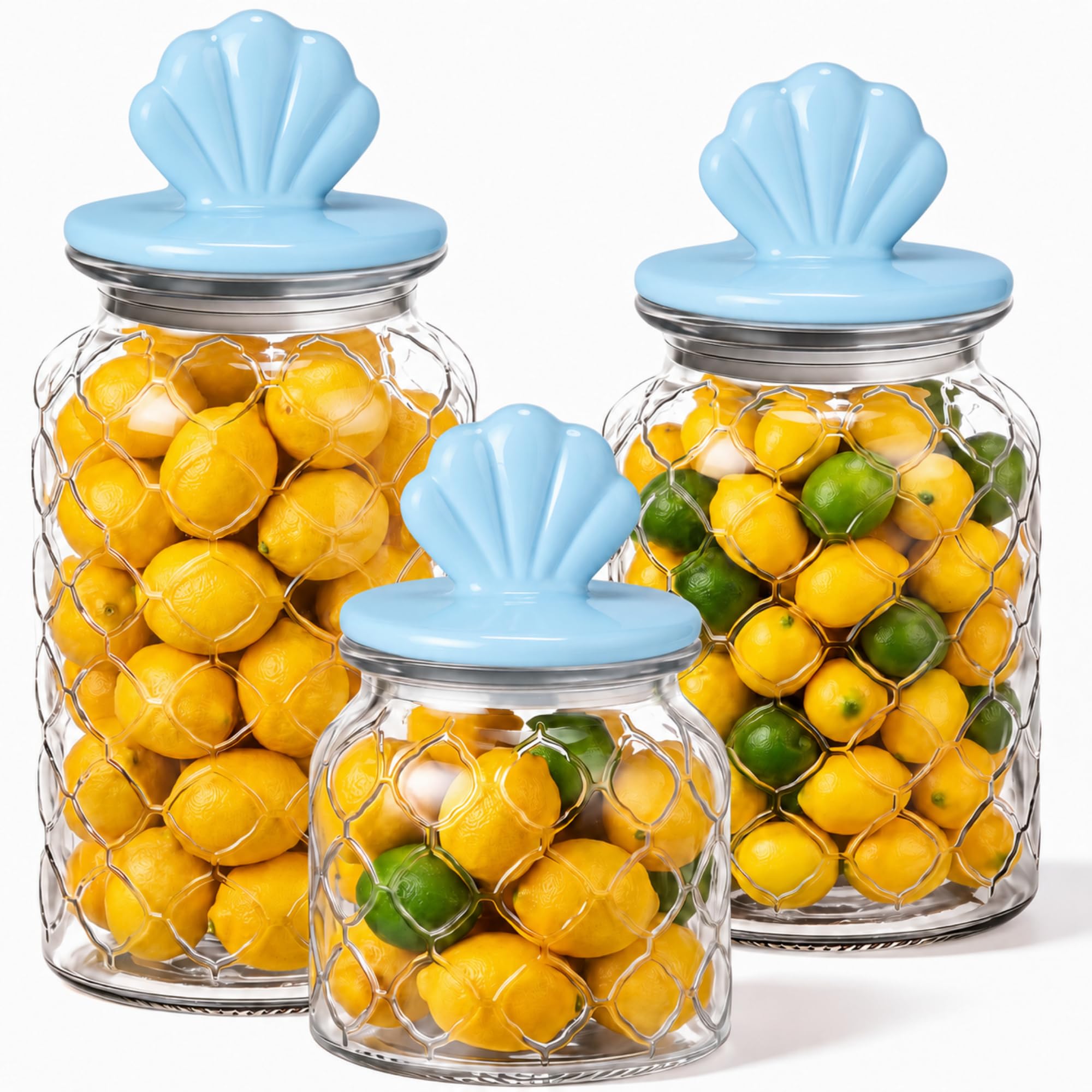 Potchen 3 Set Beach Candy Glass Jars with Ceramic Lid 44oz 34oz 22oz Blue Gridding Coastal Cookie Jar Airtight Glass Food Storage Container for Summer Party Baby Shower Tea Snacks Sugar