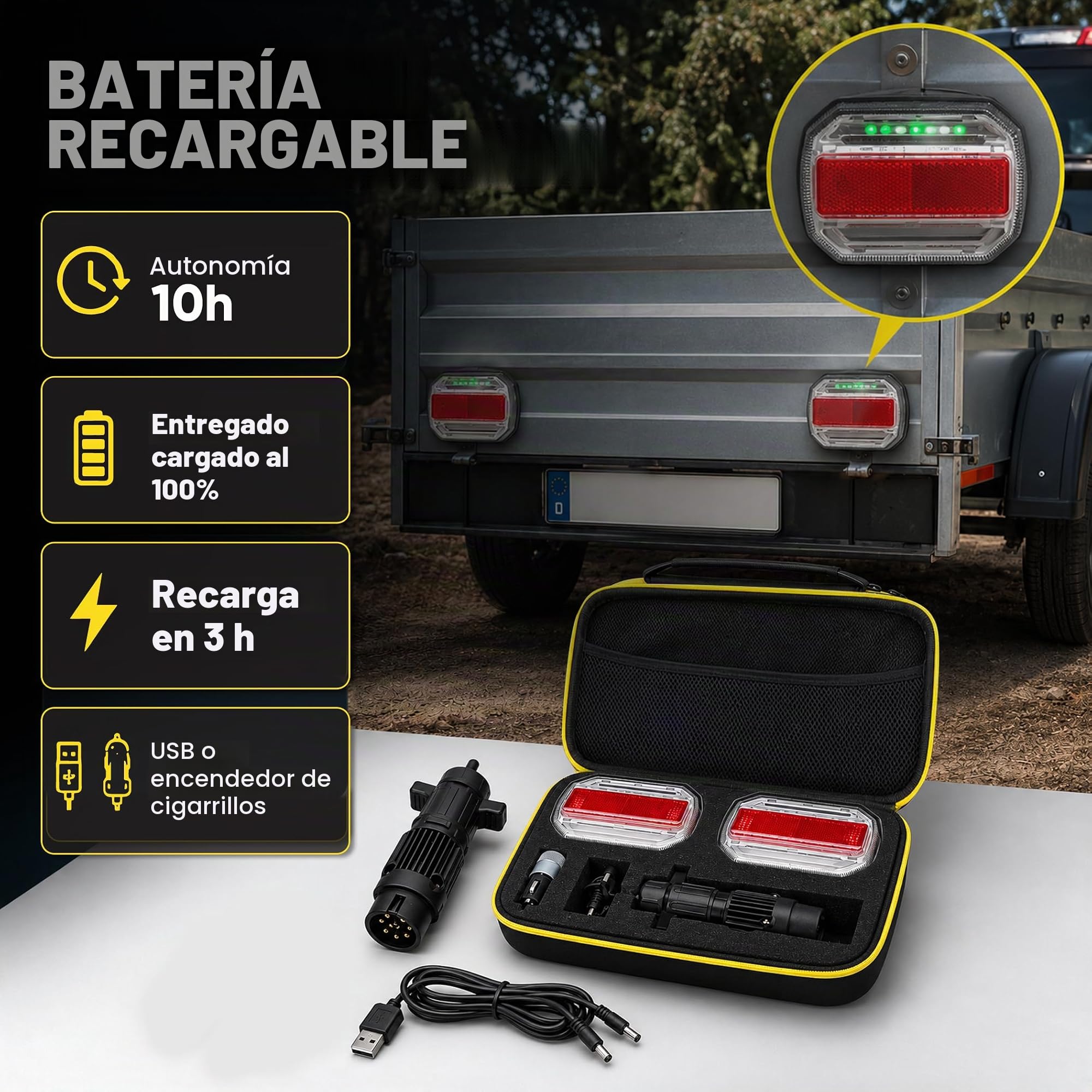 KIODEN Pilotos Traseros Remolque LED Inalámbricos, Fijación Magnética | Kit Luces Homologadas Recargables 10h IP65 12V, Adaptador Enchufe 7 a 13 Pines Incluido, Caravana, Anticaída