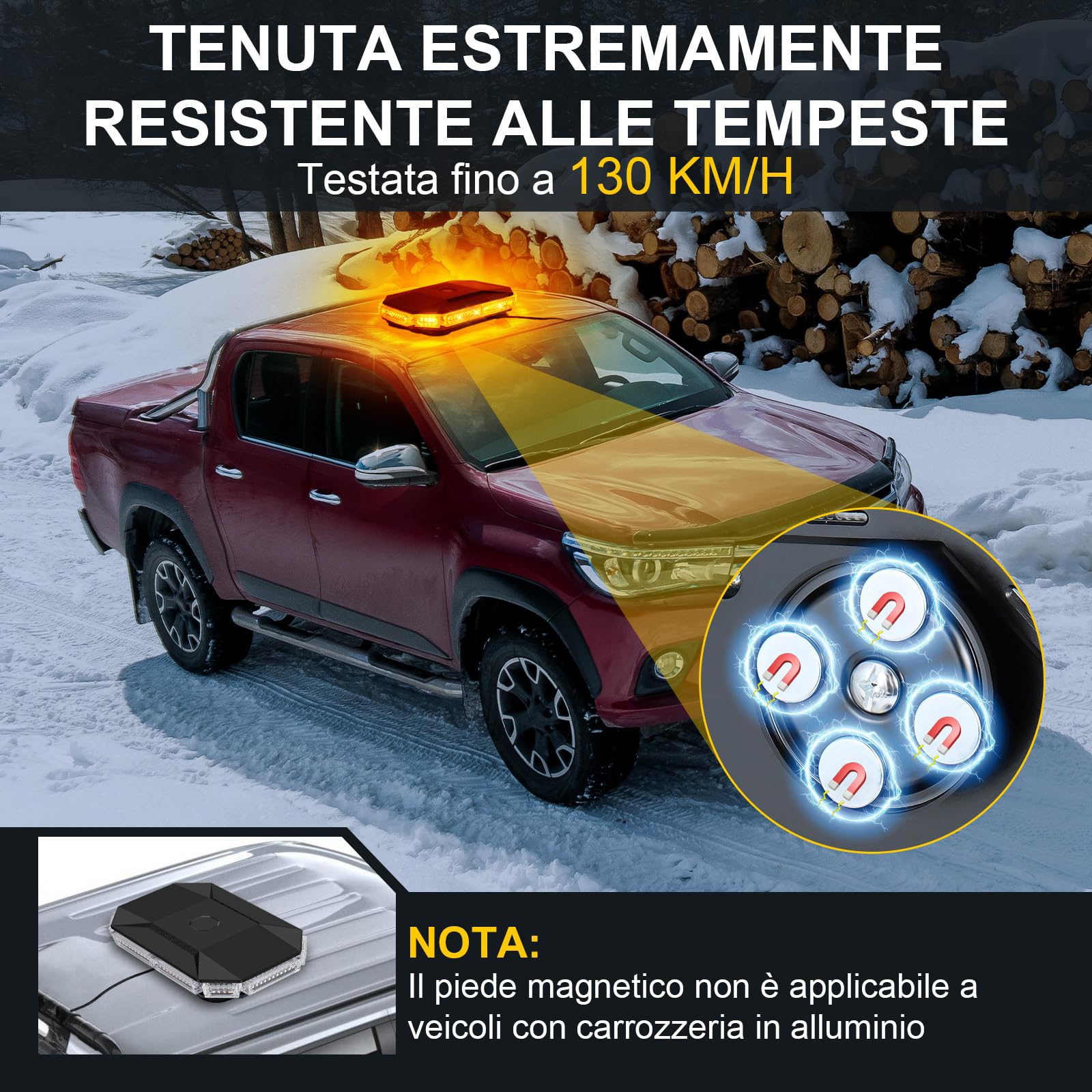 Lampeggiante Arancione a 70 LED con Magnete - Luce di Avvertimento 12V 24V, Cavo da 4,8 m, Impermeabile IP65, 20 Modalità per Camion, Attrezzature Edili, Agricoltura