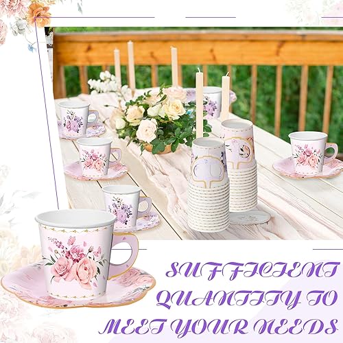 Miniatura 6 de Umigy 60 juegos de decoraciones de fiesta de té, tazas de té de papel floral de 6.5 onzas con asa y platos, juegos de tazas de té y platillos