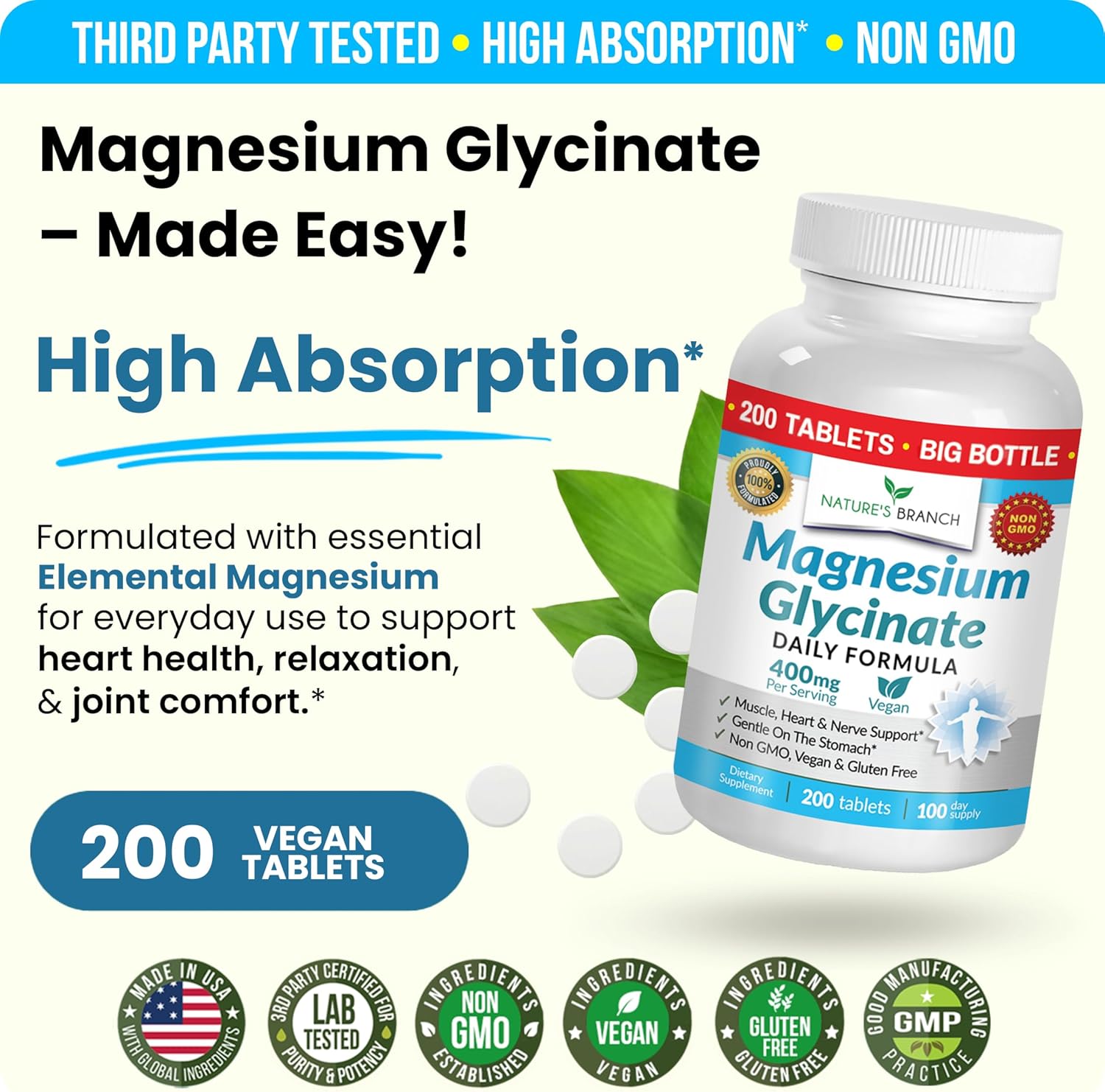Magnesium Glycinate 400mg | 200 Tablets | High Absorption Mag Supplements for Sleep, Leg Cramps, Heart, Muscle, Calm | Non Buffered Bisglycinate, Extra Strength for Women and Men, Tablets Not Capsules - Image 4