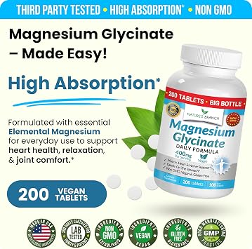 Magnesium Glycinate 400mg | 200 Tablets High Absorption for Sleep & Heart