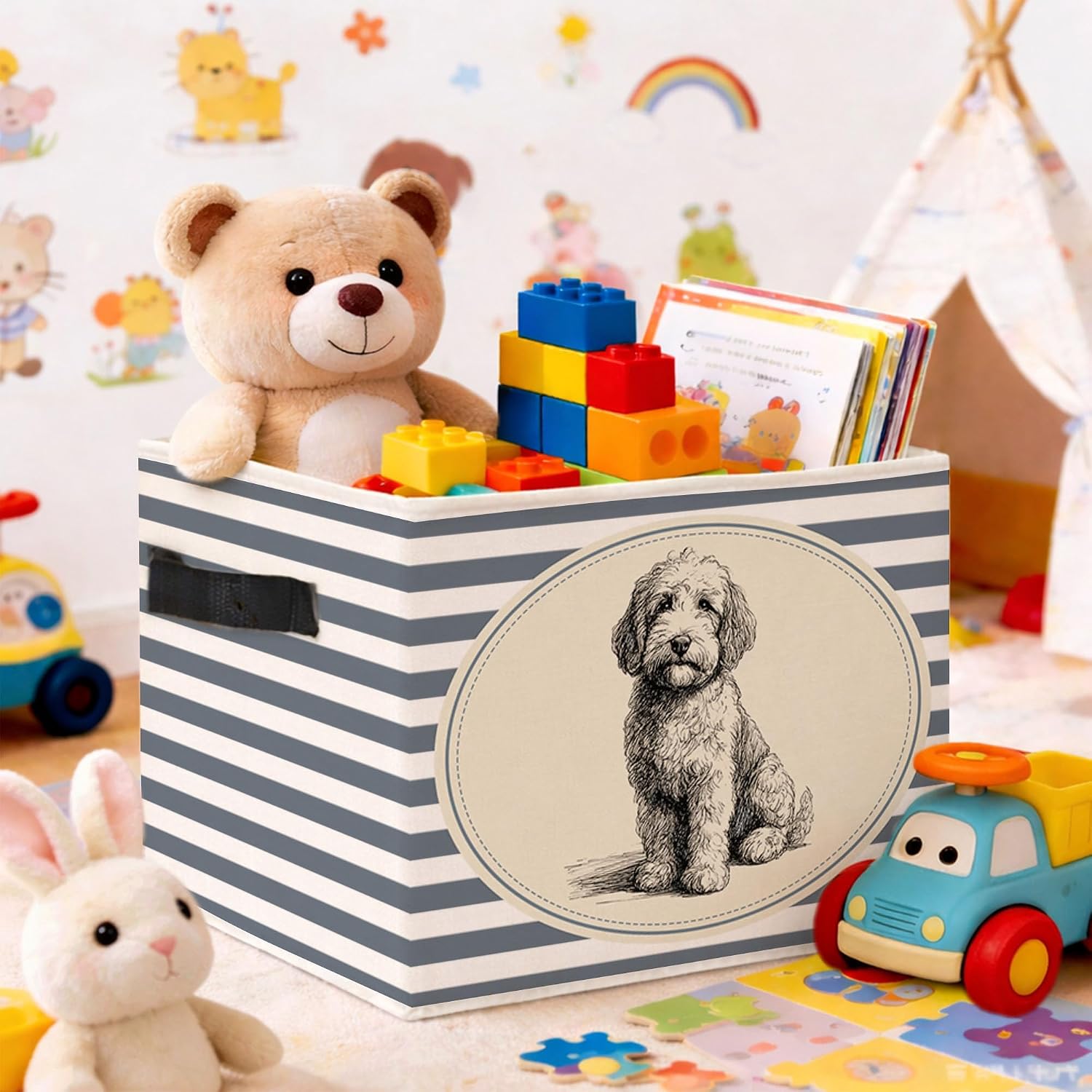 Dog Storage Bin, Blue Gray Stripe Foldable Fabric Basket image 2