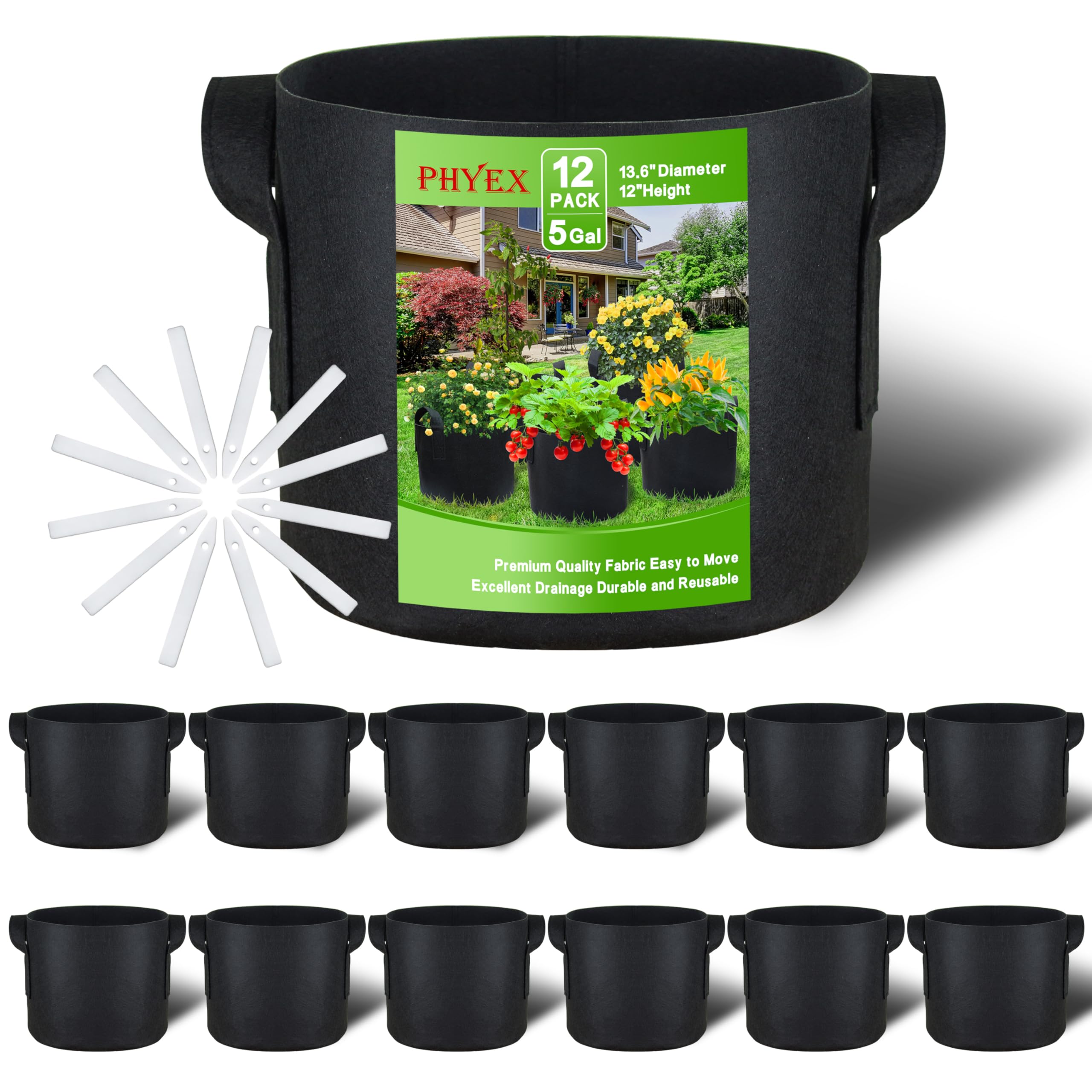 PHYEX 12-Pack 5 Gallon Grow Bags, Heavy Duty Fabric Pots with Handles, Reusable Plant Bags for Vegetable, Herbs & Flowers, BPA-Free, Breathable, Durable