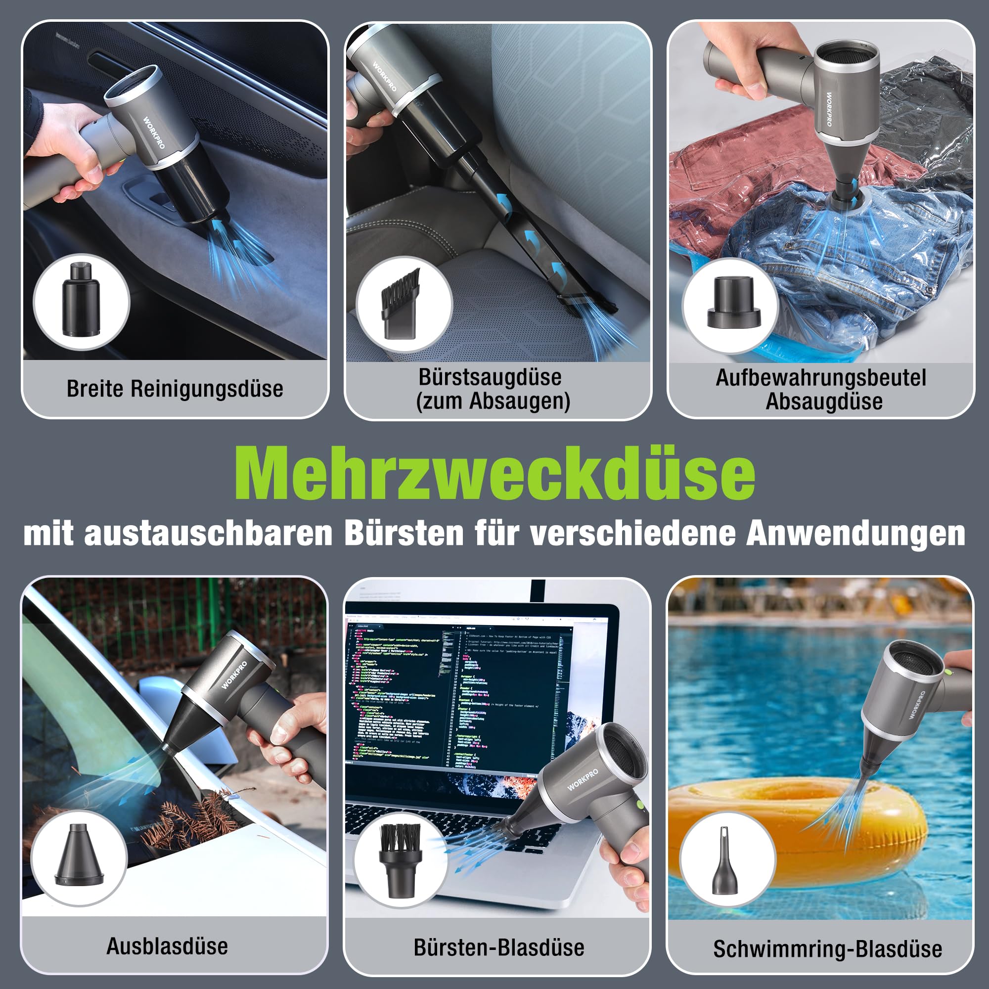 WORKPRO 2-in-1 Elektrisches Staubgebläse 120000 U/min, 4-Gang Druckluft Air Duster, Type-C Wiederaufladbarer Staubbläser, Tragbares Akku Luftdruckspray für Auto, Tastatur, Outdoor, und Luftmatratzen