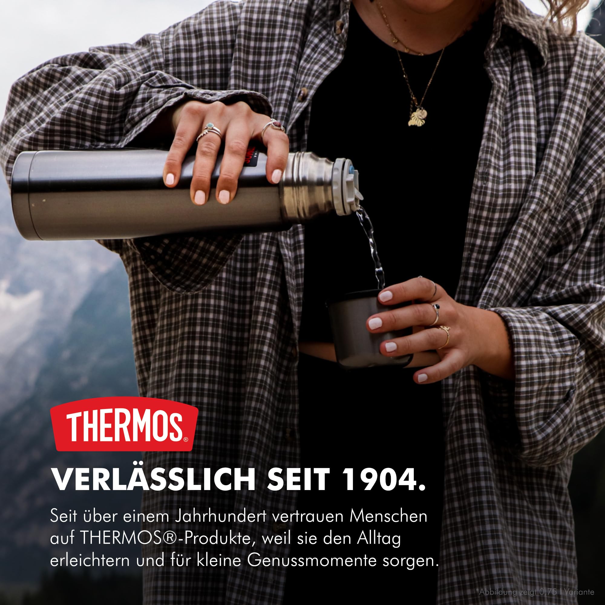 THERMOS LIGHT & COMPACT Thermosflasche 1,00 l, 24 h heiß, stone grey | 24 h kalt, mit Trinkbecher, absolut dicht, zerlegbarer Automatikverschluss, Edelstahl-Isolierflasche, grau glänzend