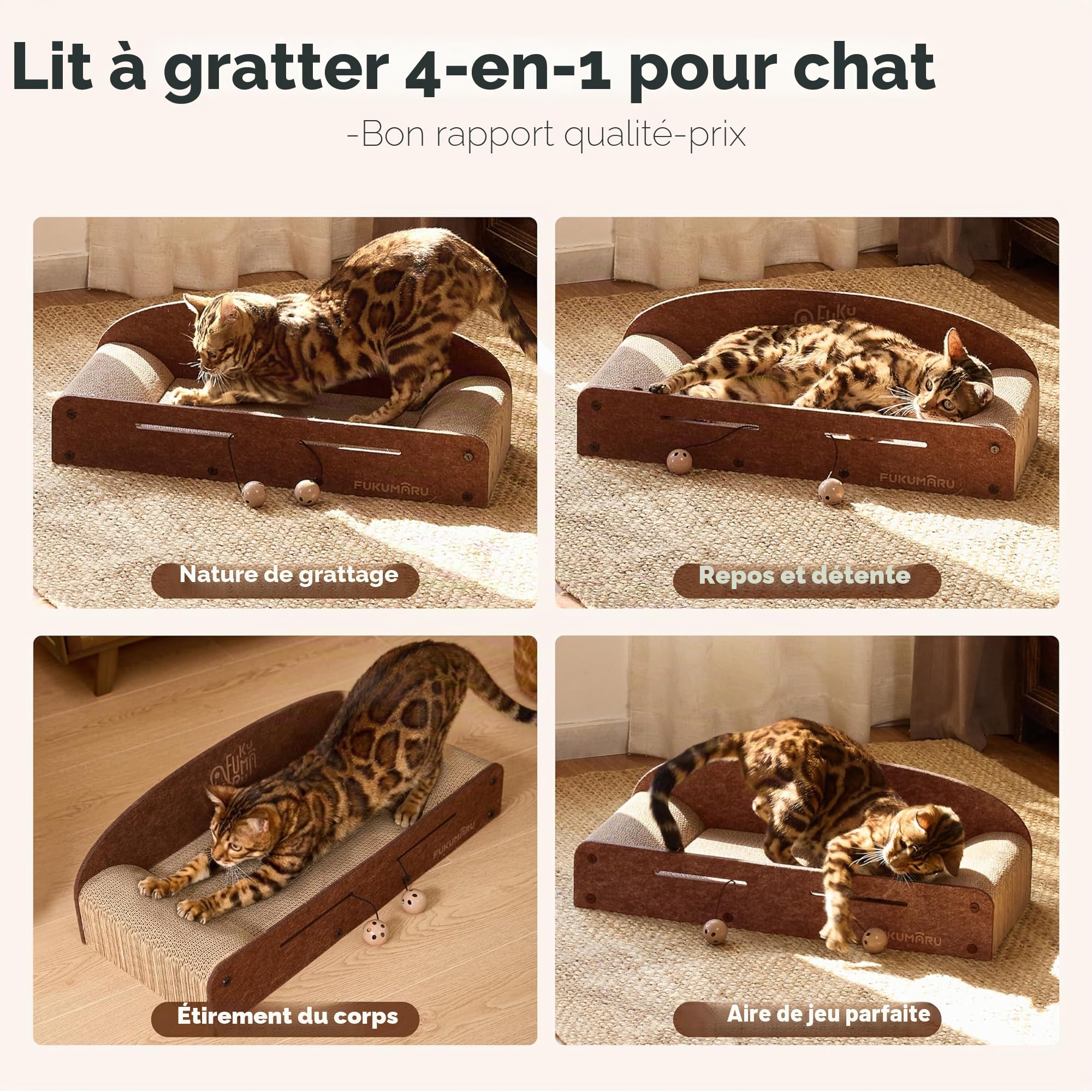 FUKUMARU Grattoir pour Chat de 66 cm en Carton Durable, Grande Chaise Longue, Meubles pour Chat, 2 Griffoirs Réversibles pour Chats d'Intérieur, Lit Recyclable en Carton avec Balle Cloche