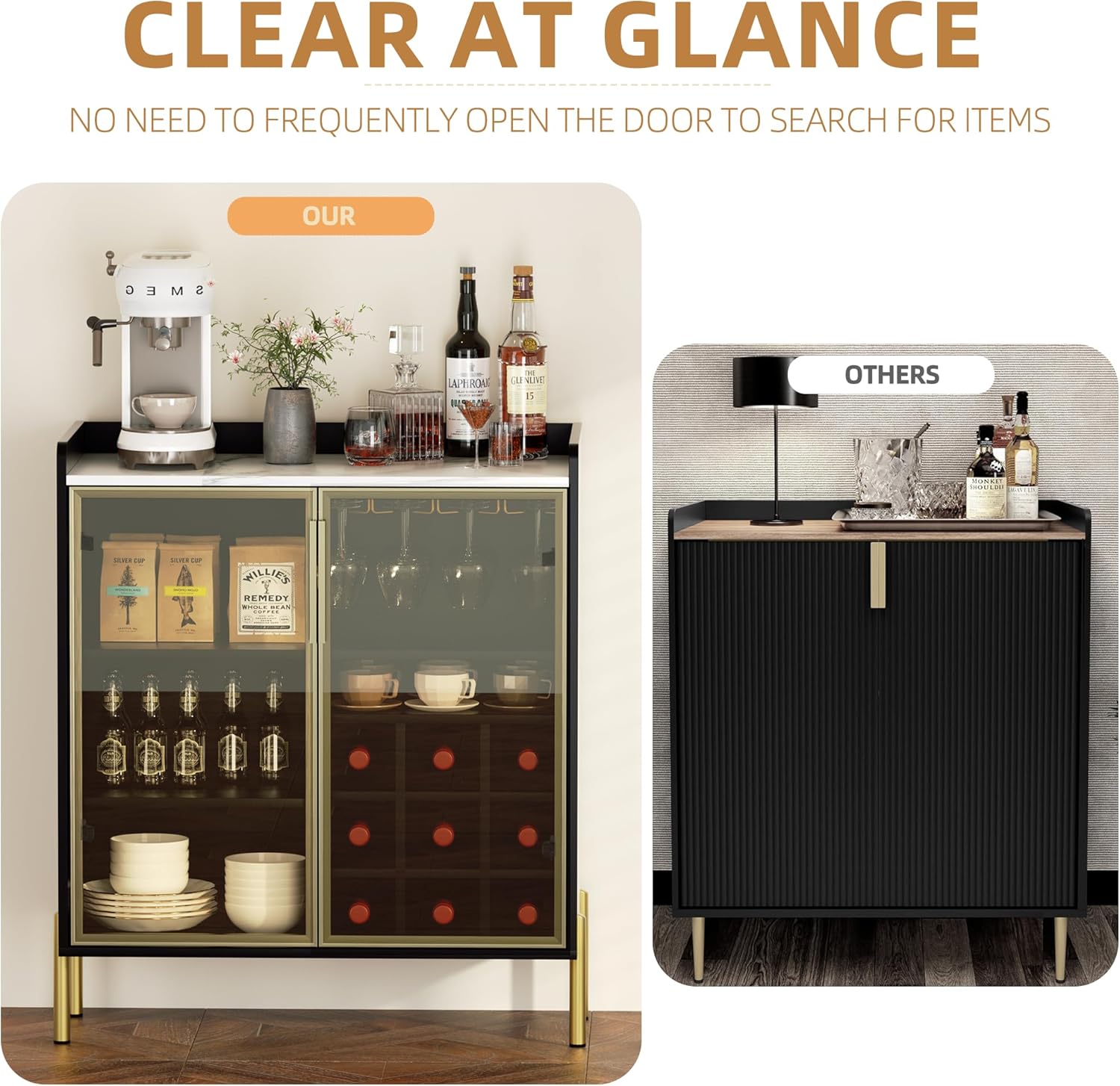 Coffee Bar Cabinet with Aluminum Frame Glass Door, Black Wine Bar & Liquor Cabinet, Modern White Sideboard Buffet Cabinet with Storage for Kitchen, Dining Room & Living Room