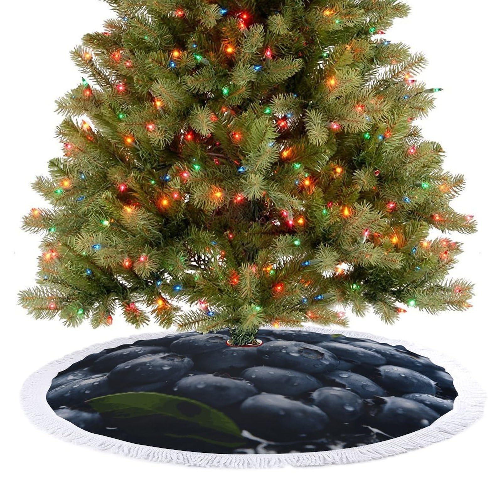 Delicious Blueberry Christmas Tree Skirt 48" Rustic Xmas Tree Mat with Tassel Ornament Christmas Trees Cover Skirt Mat for Evergreen Trees Ornament Winter Holiday Mats Decorations