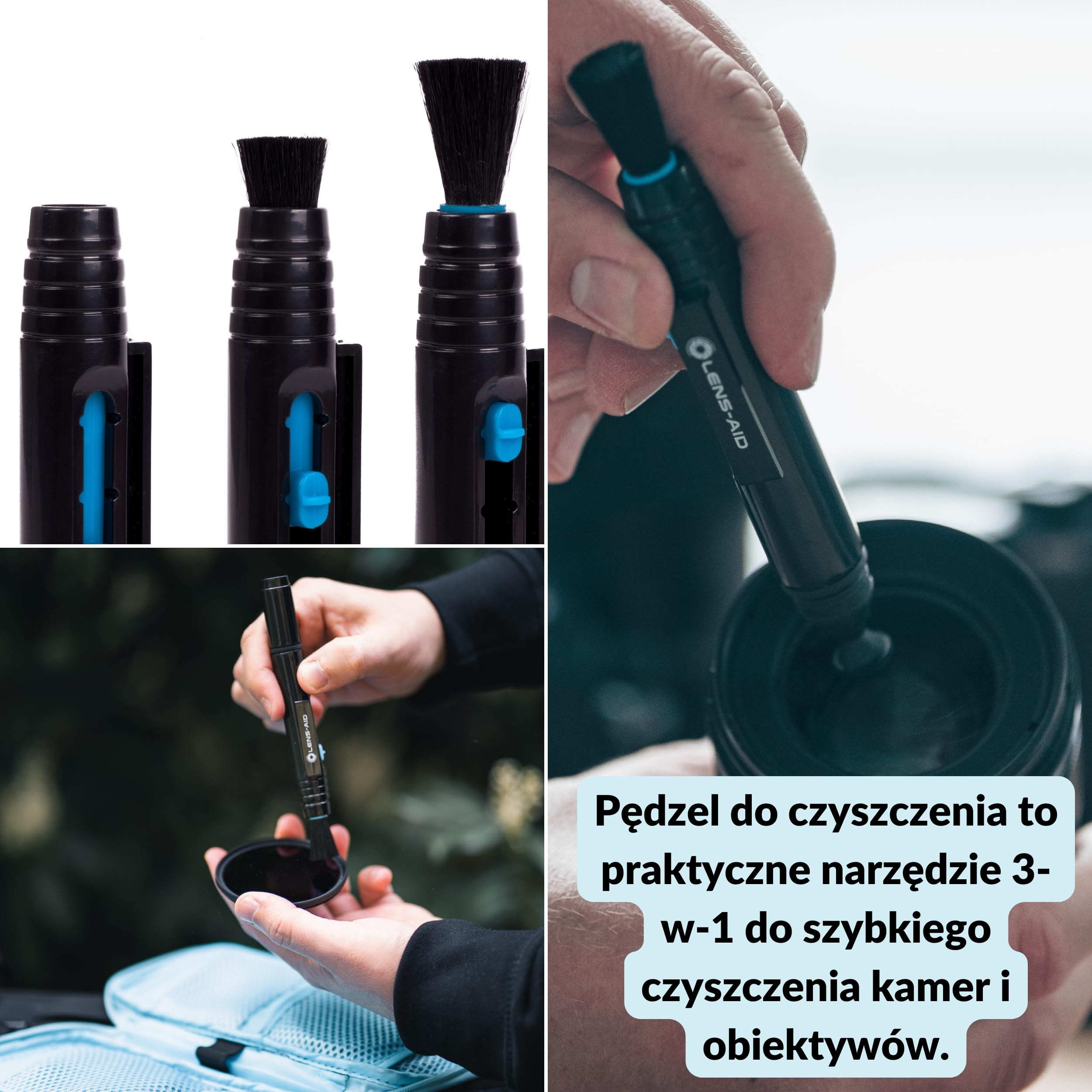 LENS-AID Pisak do obiektywu zestaw 2 szt z pędzelkiem i padami | Wysuwany pędzelek, okrągła i trójkątna końcówka do obiektywu, filtra i wizjera, kompaktowy klips