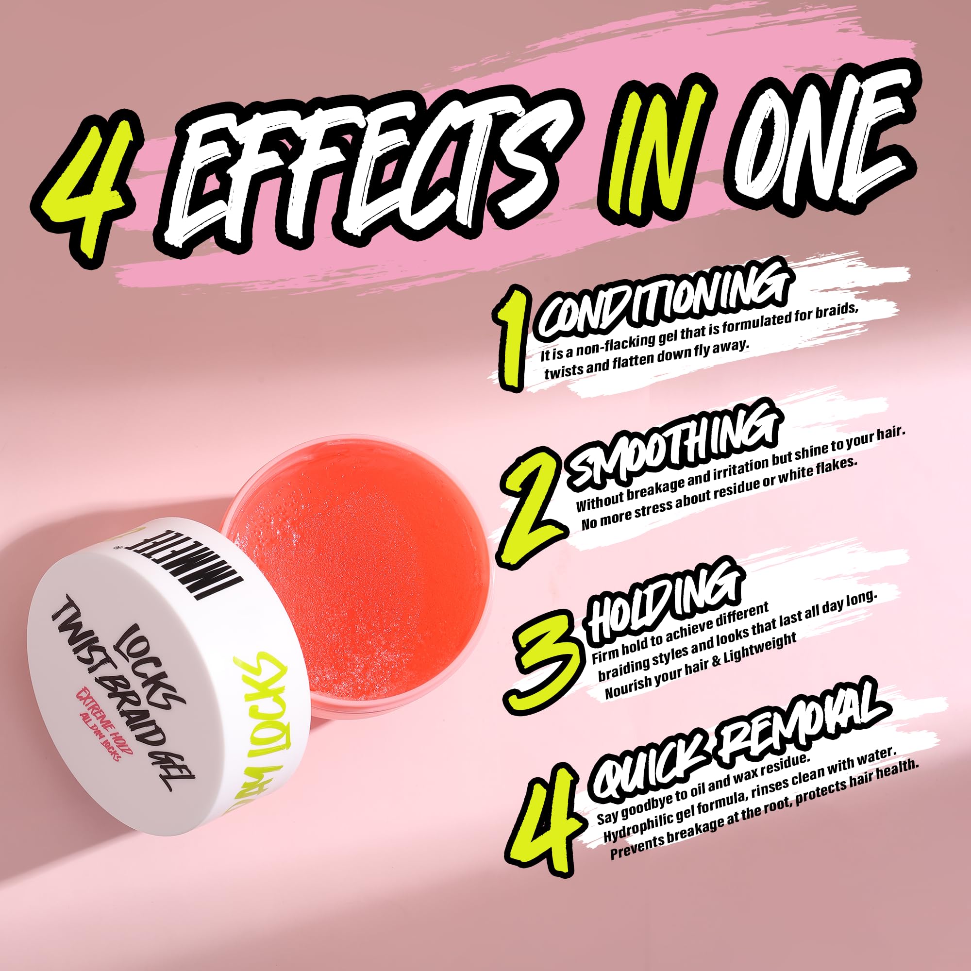 immetee Gel para Trenzas, Gel para Torcer y Marcar con Fijación Todo el Día, Control de Bordes para Cabello Afro, Cera Antifrizz para Cabello con Cepillo Aplicador (Rosa 150g)