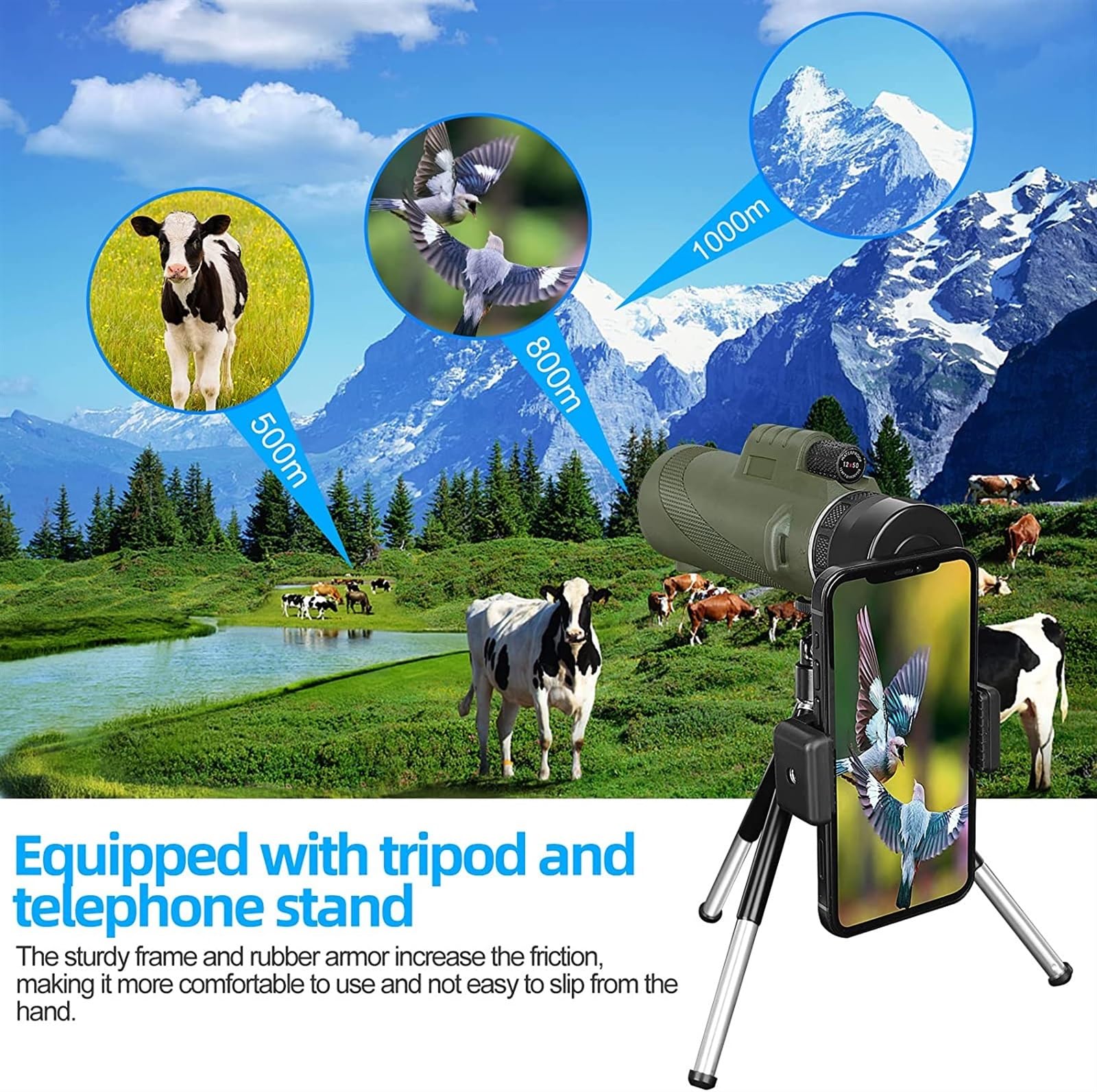 Telescopio Monocular 12X50, cámara de teléfono, Gran Aumento, HD, visión Nocturna, telescopio portátil con Soporte for teléfono Inteligente, trípode