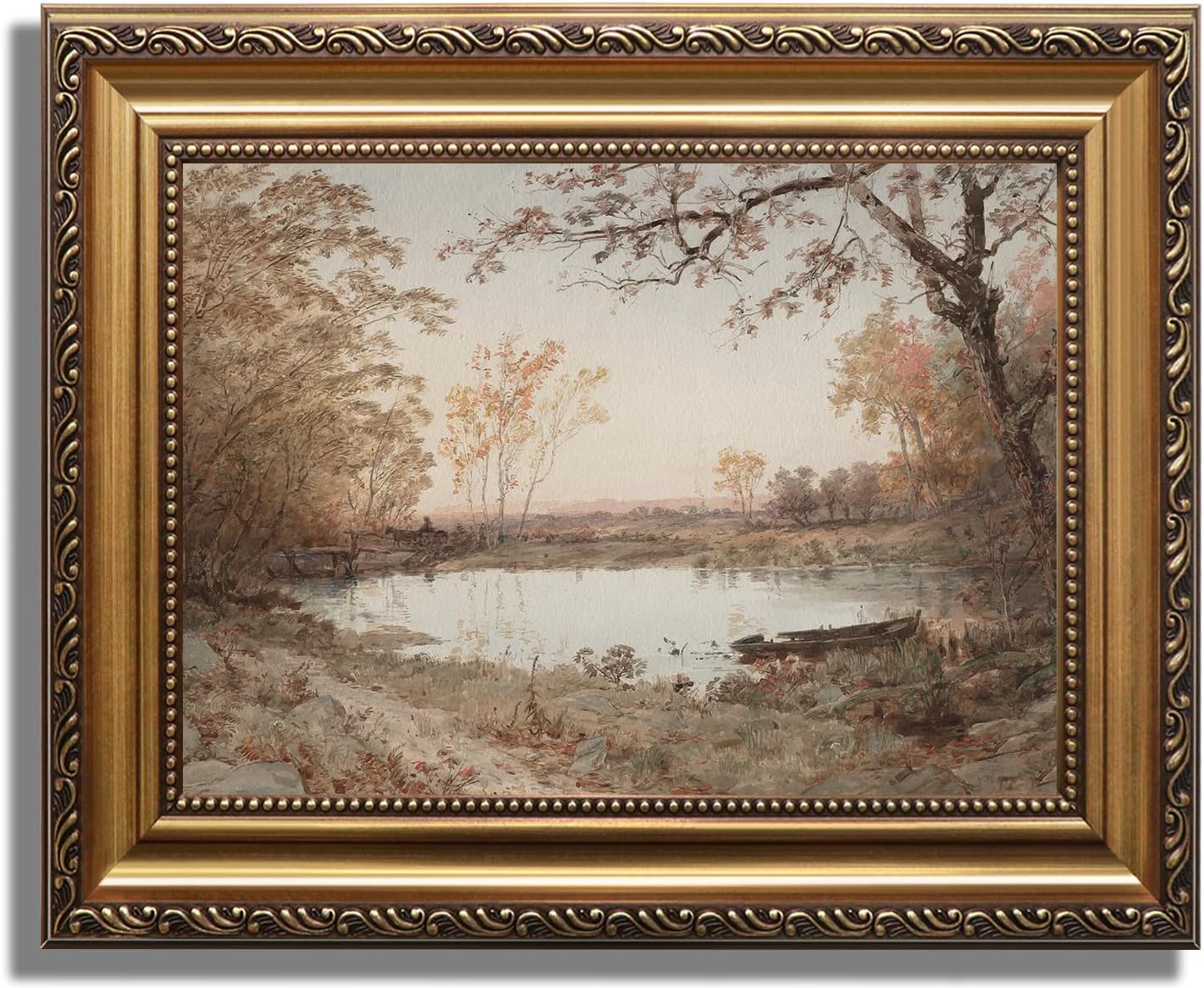 KBKBART Vintage Framed Wall Art for Living Room, French Country Decor Retro Rivers Muted Autumn Pond Landscape Oil Painting, Neutral Farmhouse Decor Wall Art, Gold Framed Canvas Print Artwork Nature Vintage Wall Art, 9"x12" Autumn Pond 9L" x 12W"