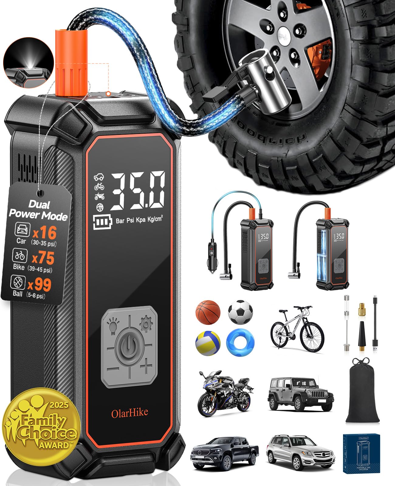 OlarHike Cordless Tire Inflator Portable Air Compressor, 150PSI Dual Power - 5400mAh & 12V DC, Air Pump for Car Tires, Bike, Motorcycle, Bicycle, Electric Pump with LED Light & Digital Pressure Gauge