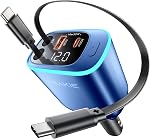 Retractable Car Charger 4 in 1 Car Phone Charger with Led Light USB C Fast Charger for Car with 2 Retractable Cables and 2 USB Ports Compatible with i Phone 17/16/15/14/13/iPad Galaxy S25/24 Android