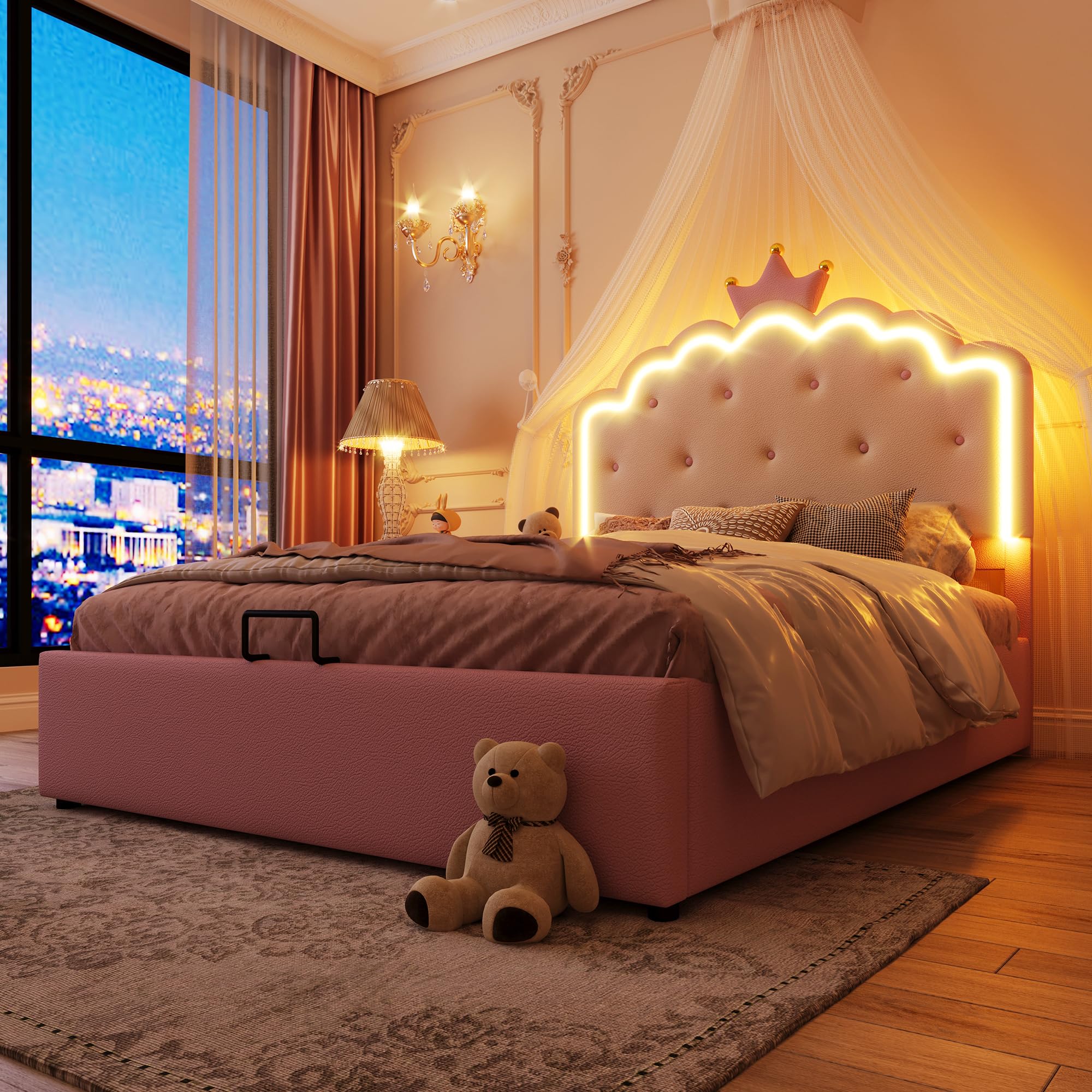 Cama tapizada con somier (sin colchón), luz ambiental teledirigida, forma de princesa heredera, almacenamiento hidráulico, material PU, rosa (140 x 200 cm)