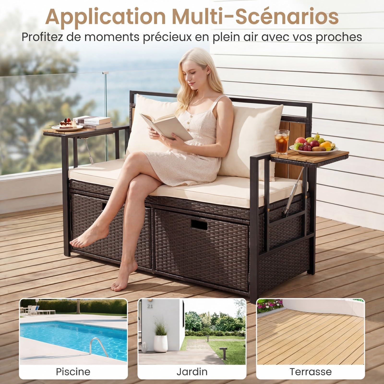 COSTWAY 2 en 1 Banc Coffre Extérieur en Rotin PE, Banc de Jardin 2 Places avec Coussins, Coffre de Rangement 142,5 L, 2 Tables d'Appoint Pliables, Charge 360 kg, pour Terrasse Jardin Balcon (Blanc)
