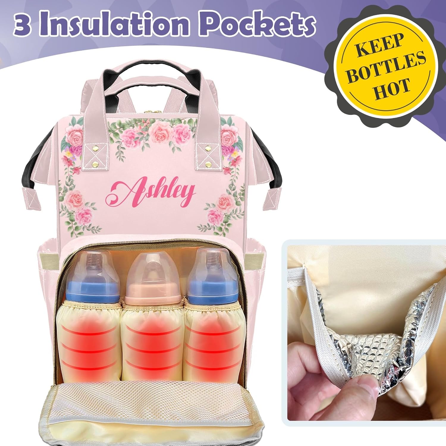 Custom Diaper Bag Backpack for Moms with Name - Personalized Pink Nursing Bag Insulated Pockets and Casual Daypack Travel Bag for Girls