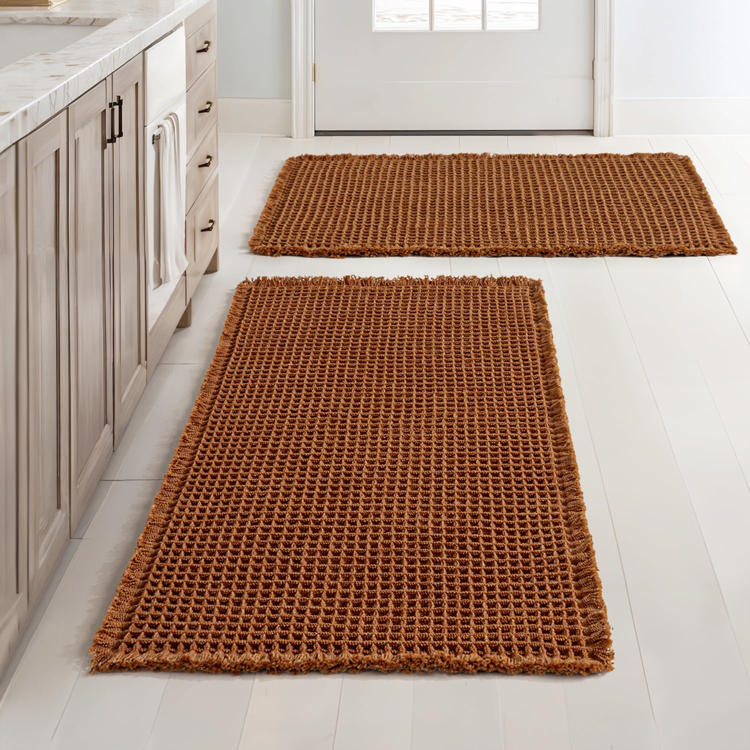 MIULEE Set of 2 Waffle Bathroom Rugs, Fall Boho Bath Rugs Non Slip Washable, Super Absorbent Bath Mats, Ultra Soft Rubber Backed Shower Mats for