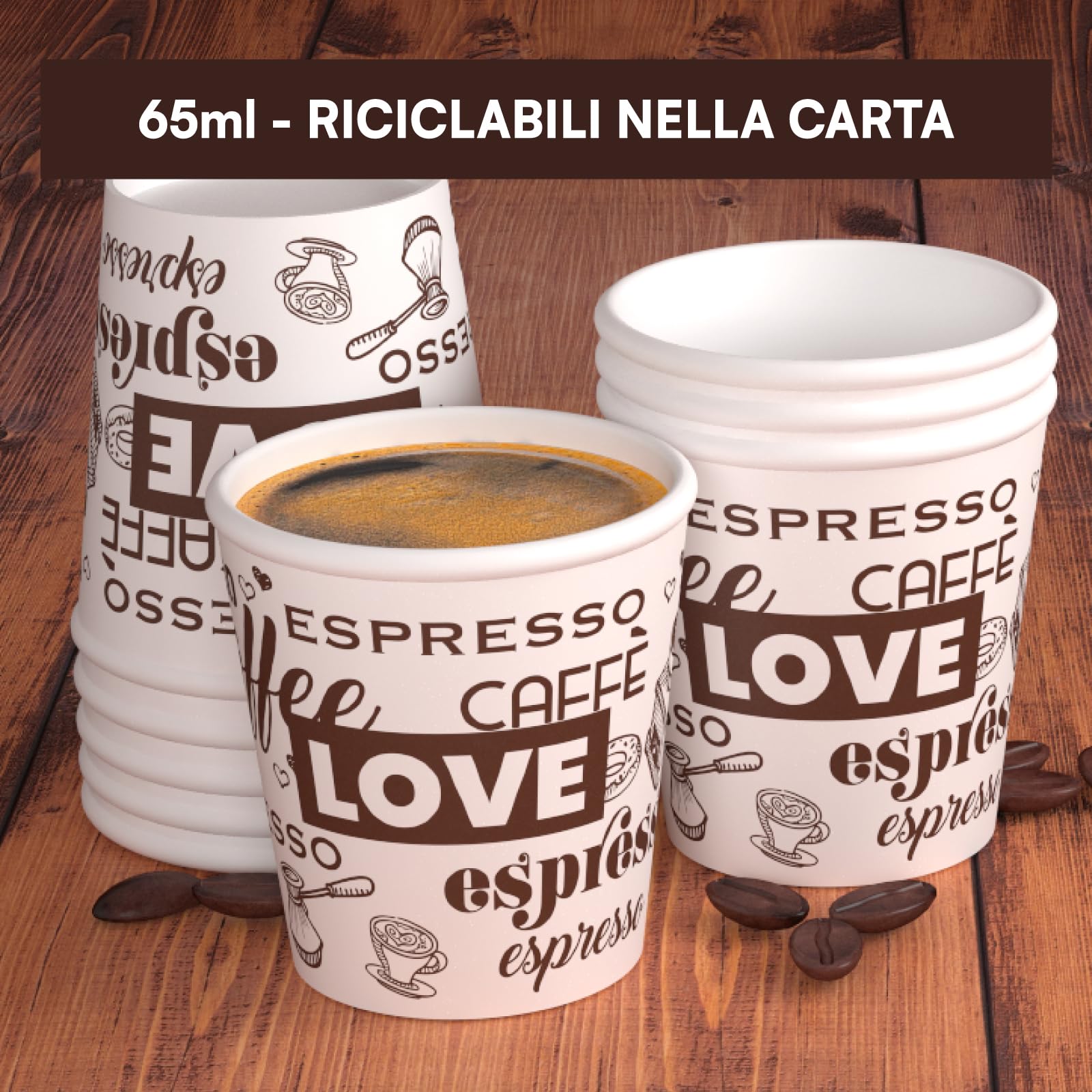 Bicchierini Caff&egrave; In Carta 200pz - 65ml Biodegradabili Per Asporto Eco