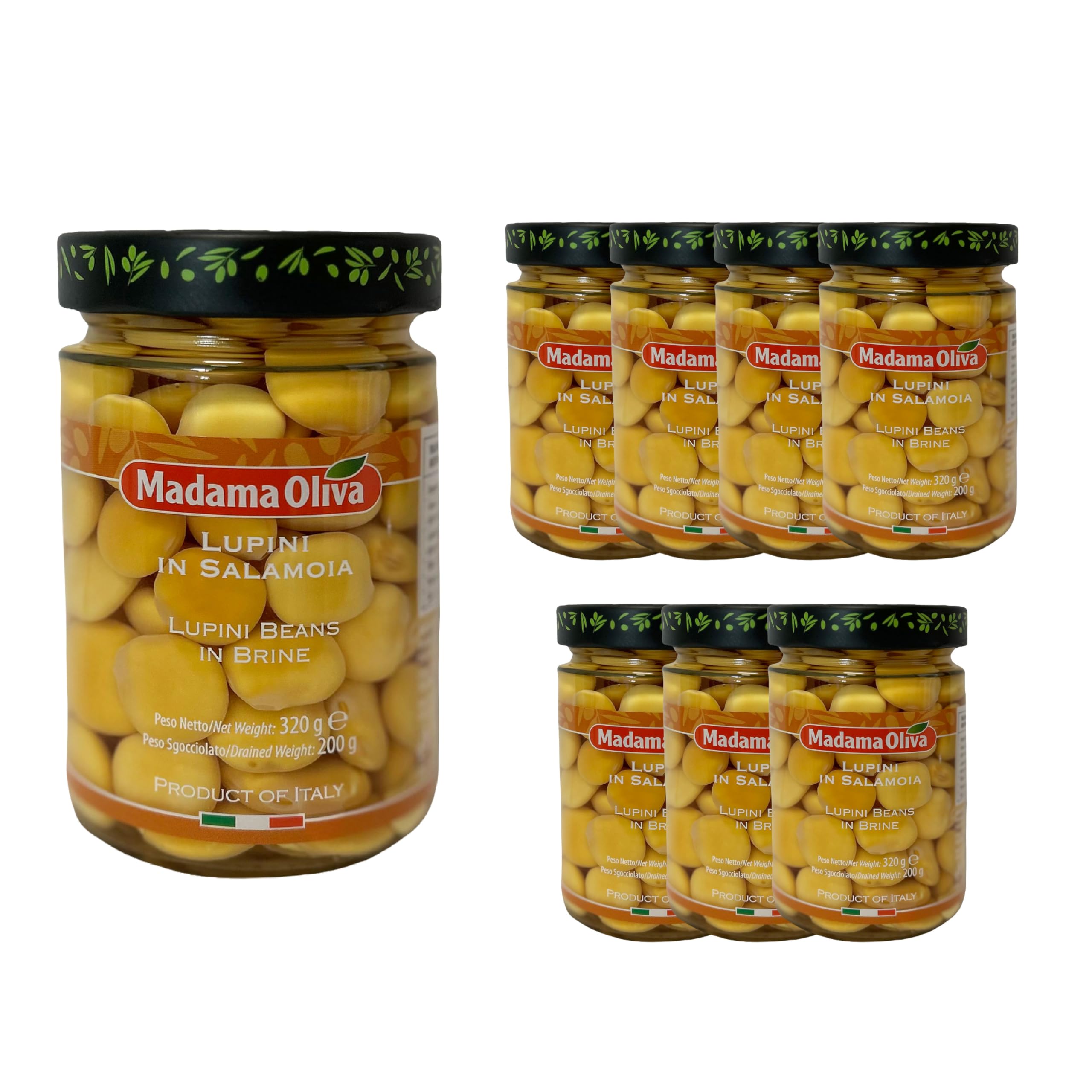 MADAMA OLIVA, Lupini in Salamoia, Ottimo Snack per Aperitivi, Ideale per le Insalate Miste e nelle Minestre, 100% Made in Italy, Box da 7 Vasi in Vetro da 320 gr