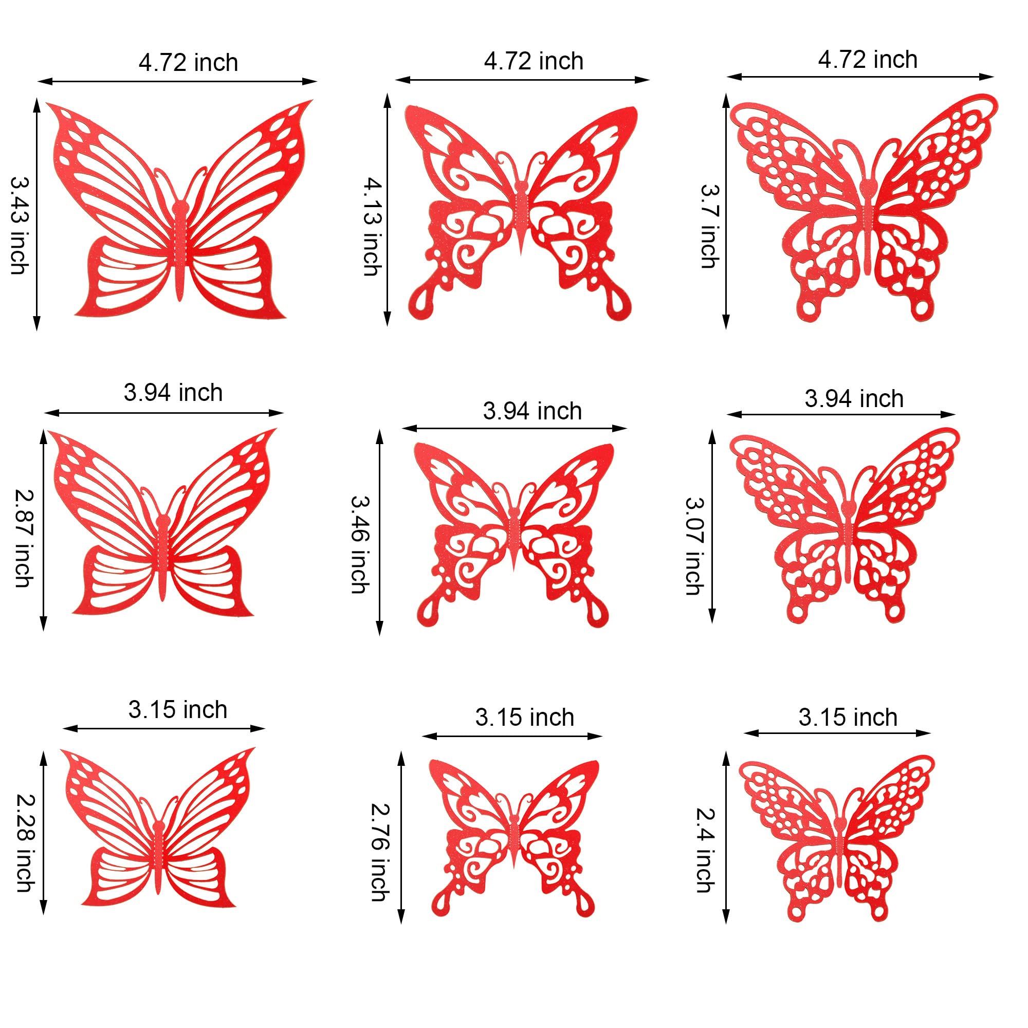 Arthsdite 36pcs Butterfly Cupcake Toppers Lively 3D Effect Butterfly Cake Toppers 3 Styles Butterfly Stickers Hollow Out Room Wall Decoration Kids Birthday Wedding Cake Decoration - Red